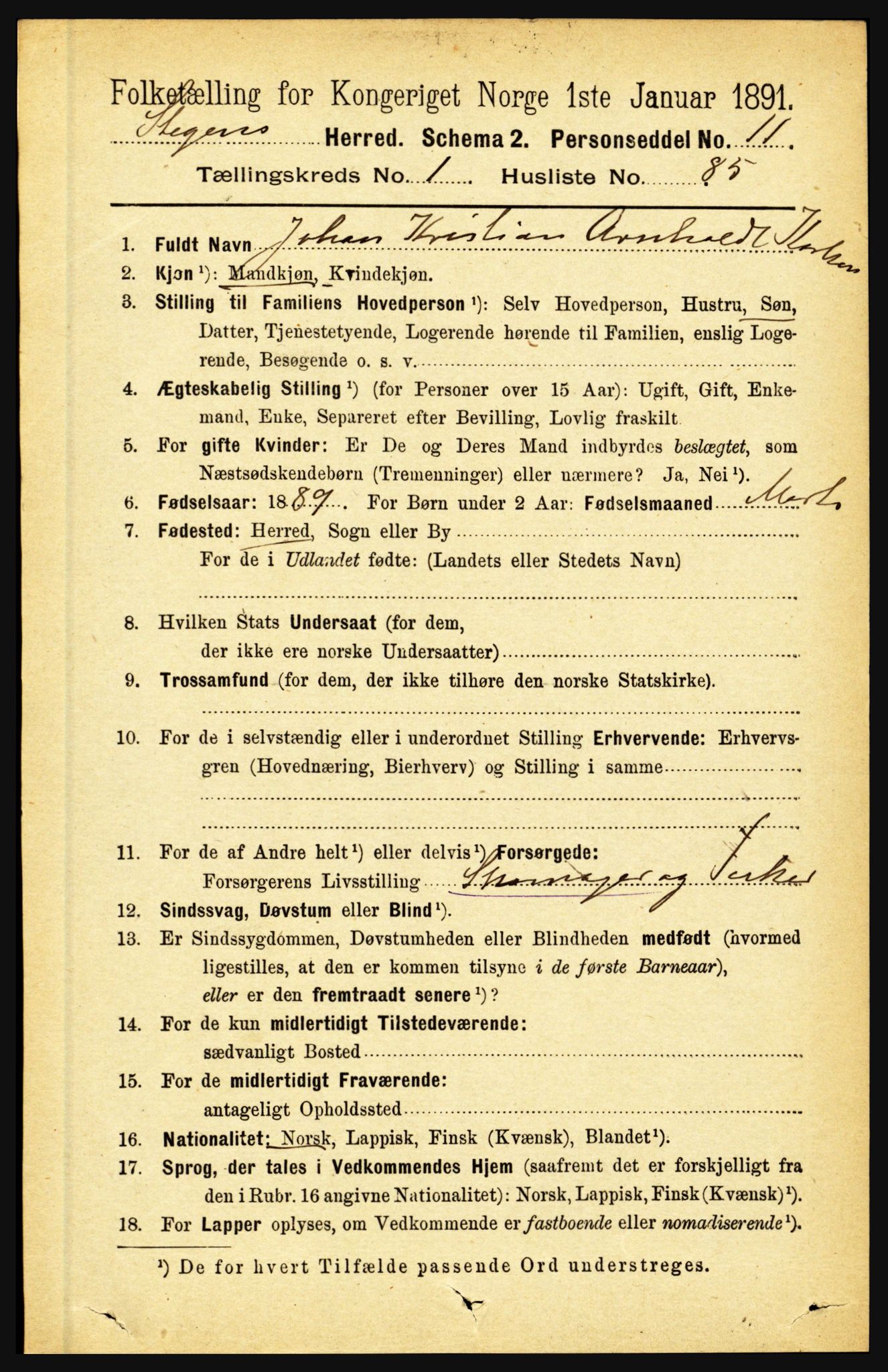 RA, 1891 census for 1848 Steigen, 1891, p. 609