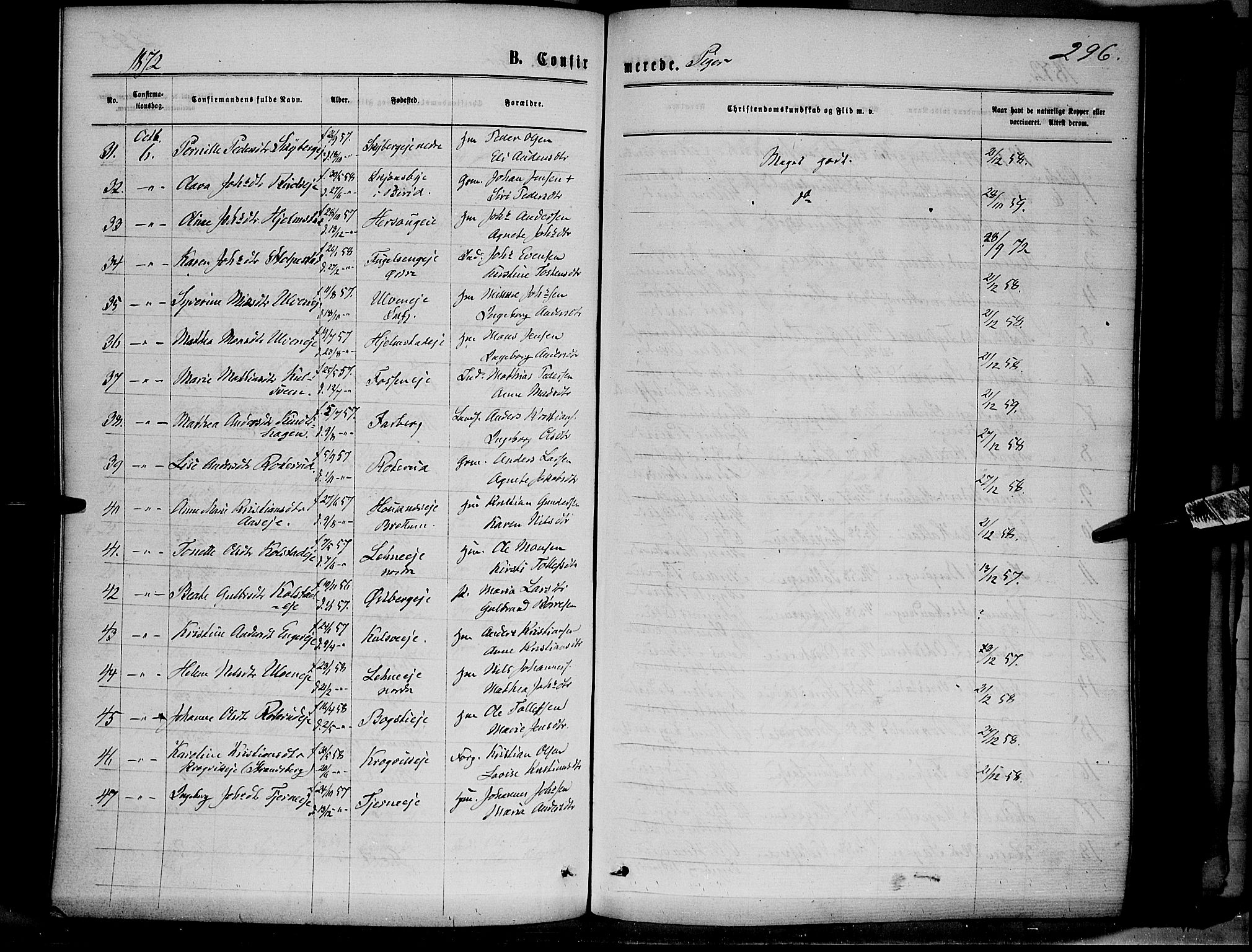 Ringsaker prestekontor, AV/SAH-PREST-014/K/Ka/L0011: Parish register (official) no. 11, 1870-1878, p. 296