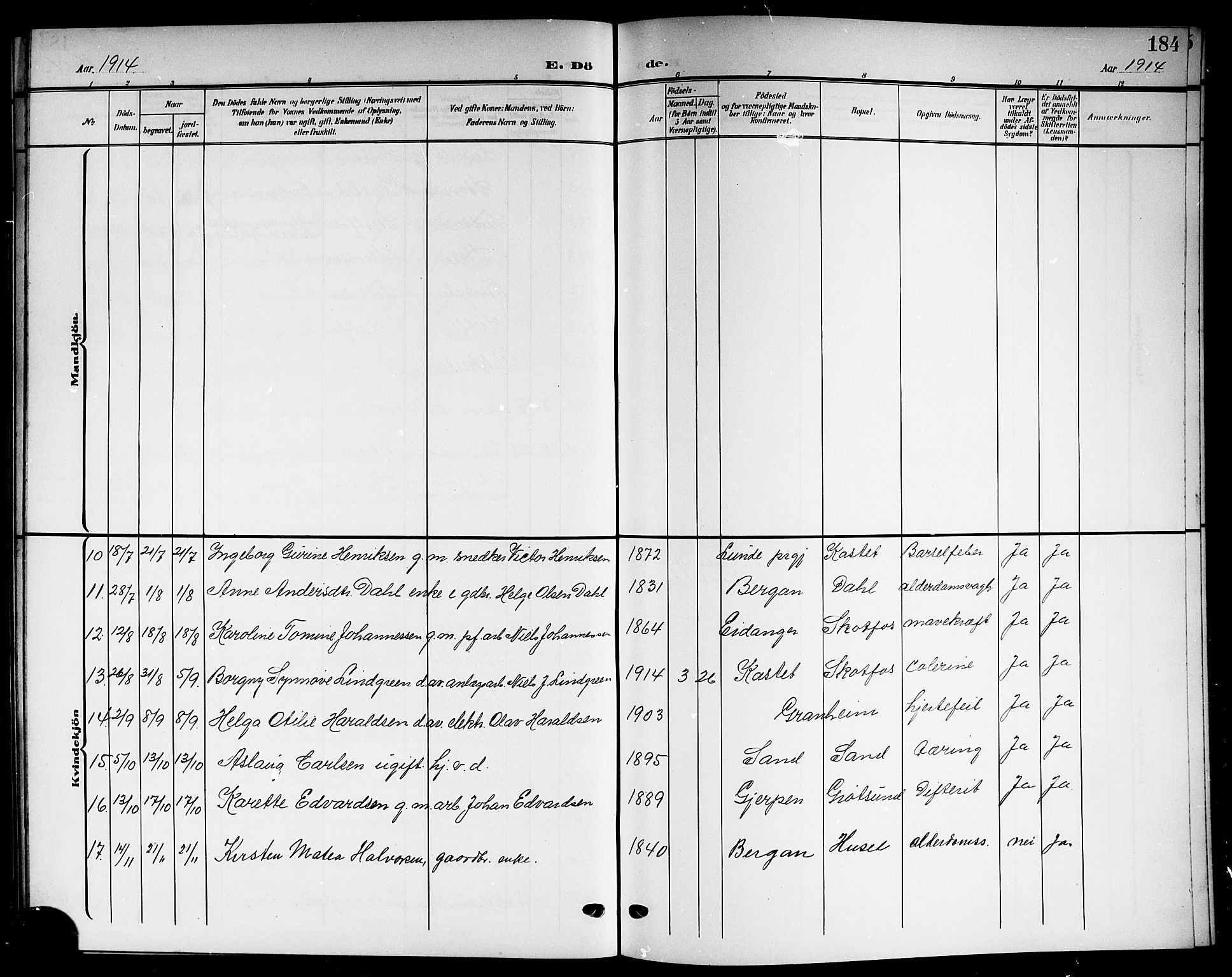 Solum kirkebøker, SAKO/A-306/G/Gb/L0005: Parish register (copy) no. II 5, 1905-1914, p. 184
