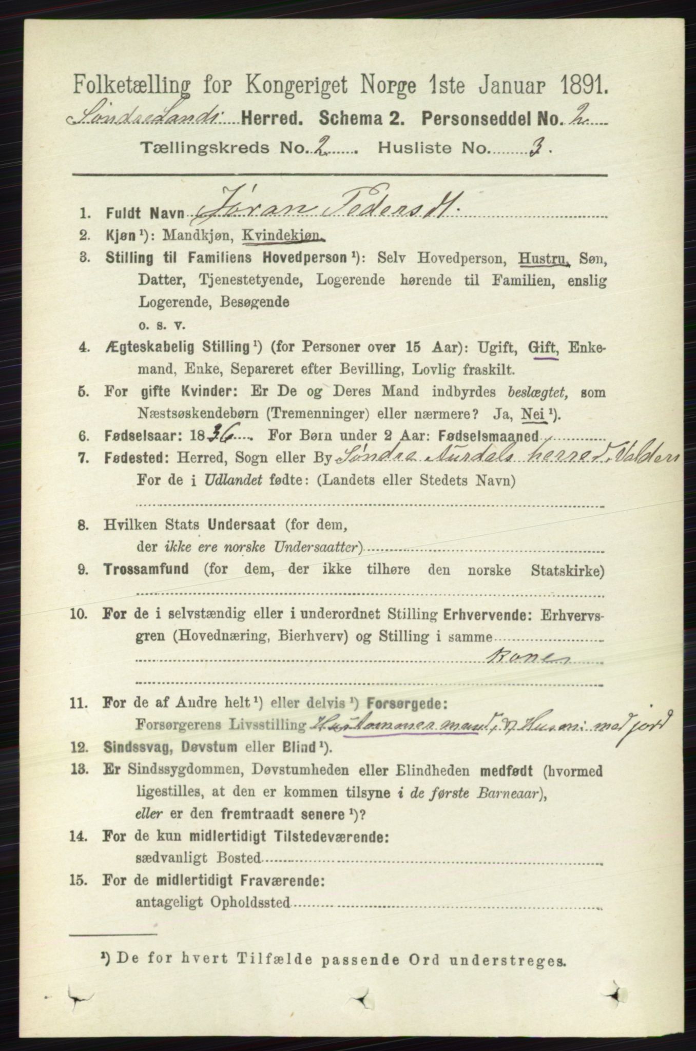 RA, 1891 census for 0536 Søndre Land, 1891, p. 1046