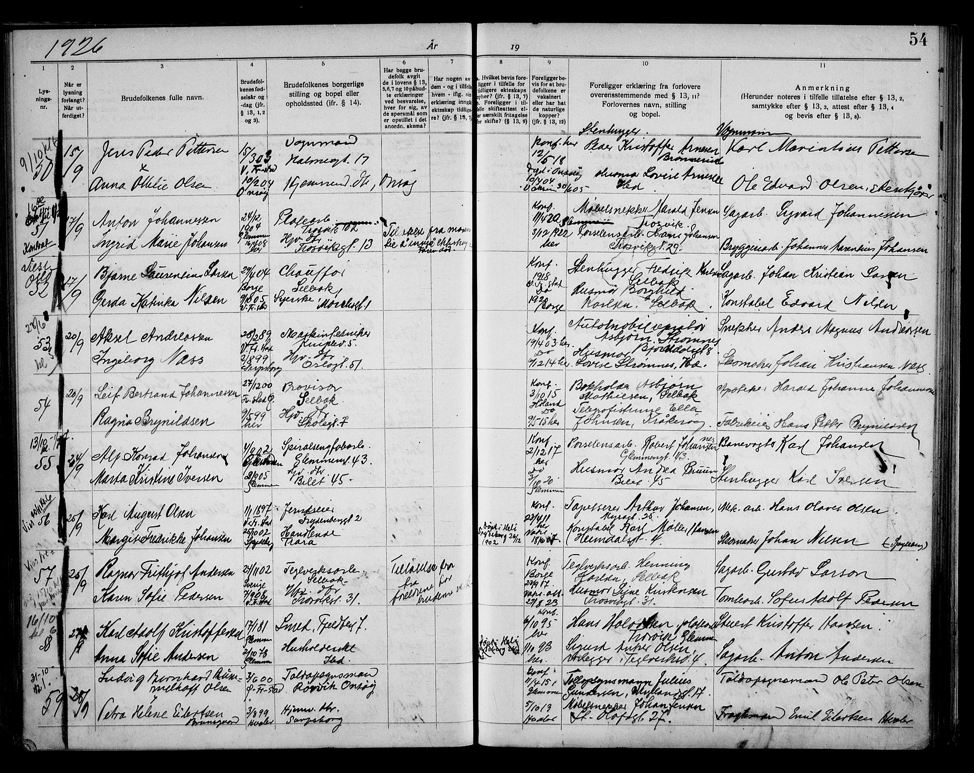 Fredrikstad domkirkes prestekontor Kirkebøker, SAO/A-10906/H/Ha/L0003: Banns register no. 3, 1919-1932, p. 54