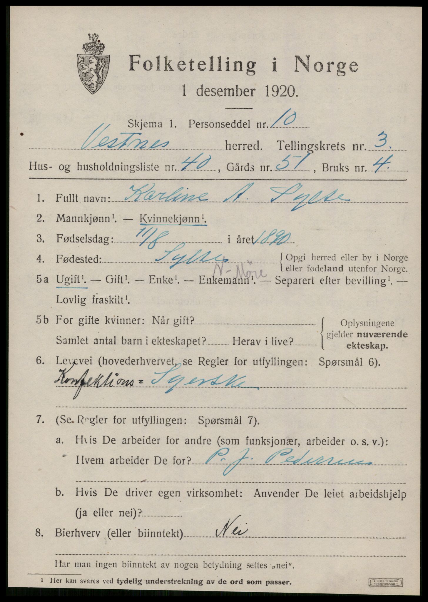 SAT, 1920 census for Vestnes, 1920, p. 3095