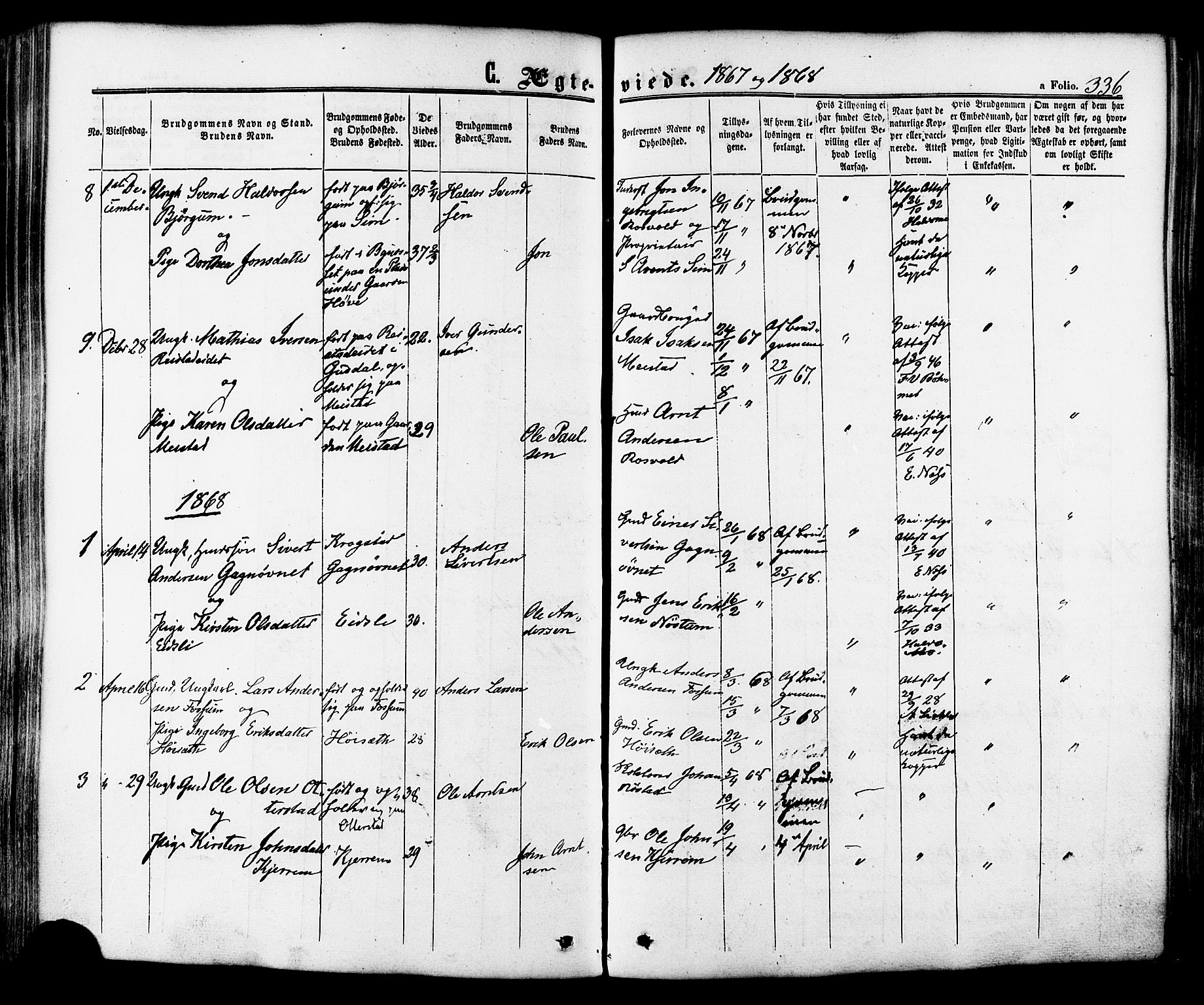 Ministerialprotokoller, klokkerbøker og fødselsregistre - Sør-Trøndelag, SAT/A-1456/665/L0772: Parish register (official) no. 665A07, 1856-1878, p. 336