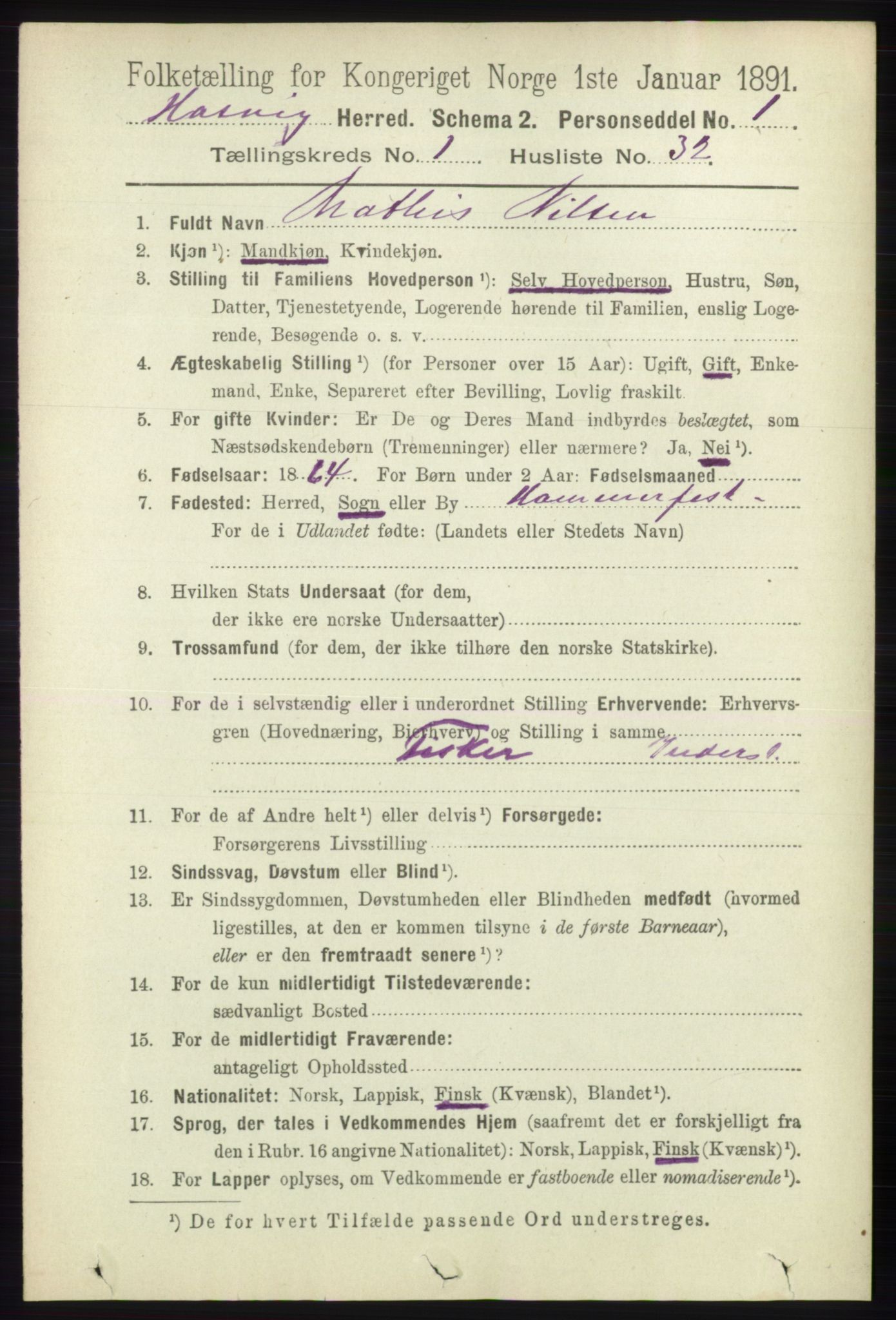 RA, 1891 census for 2015 Hasvik, 1891, p. 253