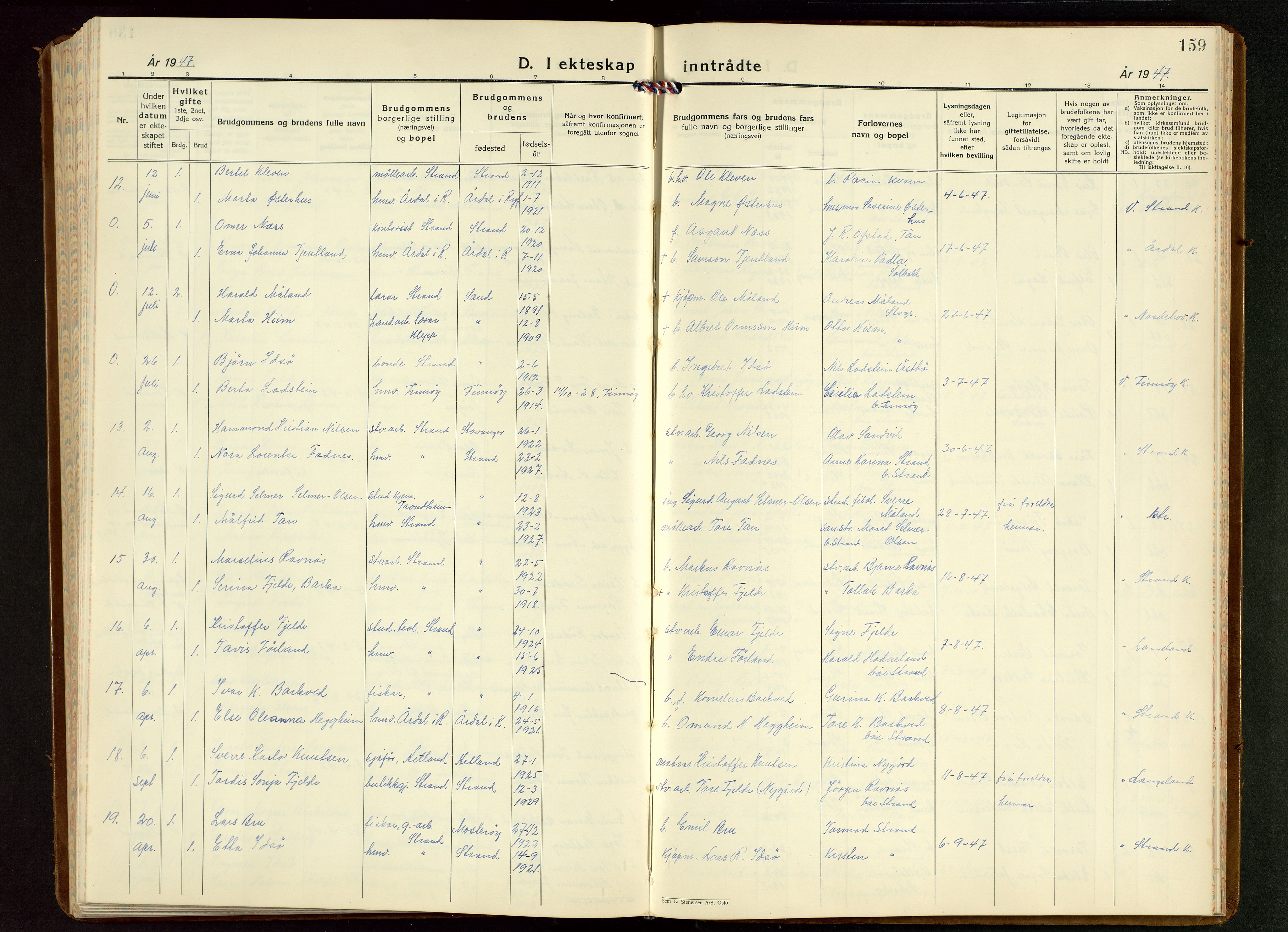 Strand sokneprestkontor, AV/SAST-A-101828/H/Ha/Hab/L0006: Parish register (copy) no. B 6, 1933-1950, p. 159