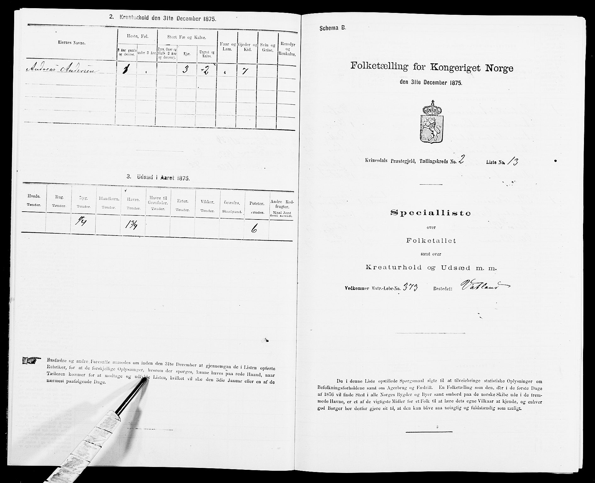 SAK, 1875 census for 1037P Kvinesdal, 1875, p. 297