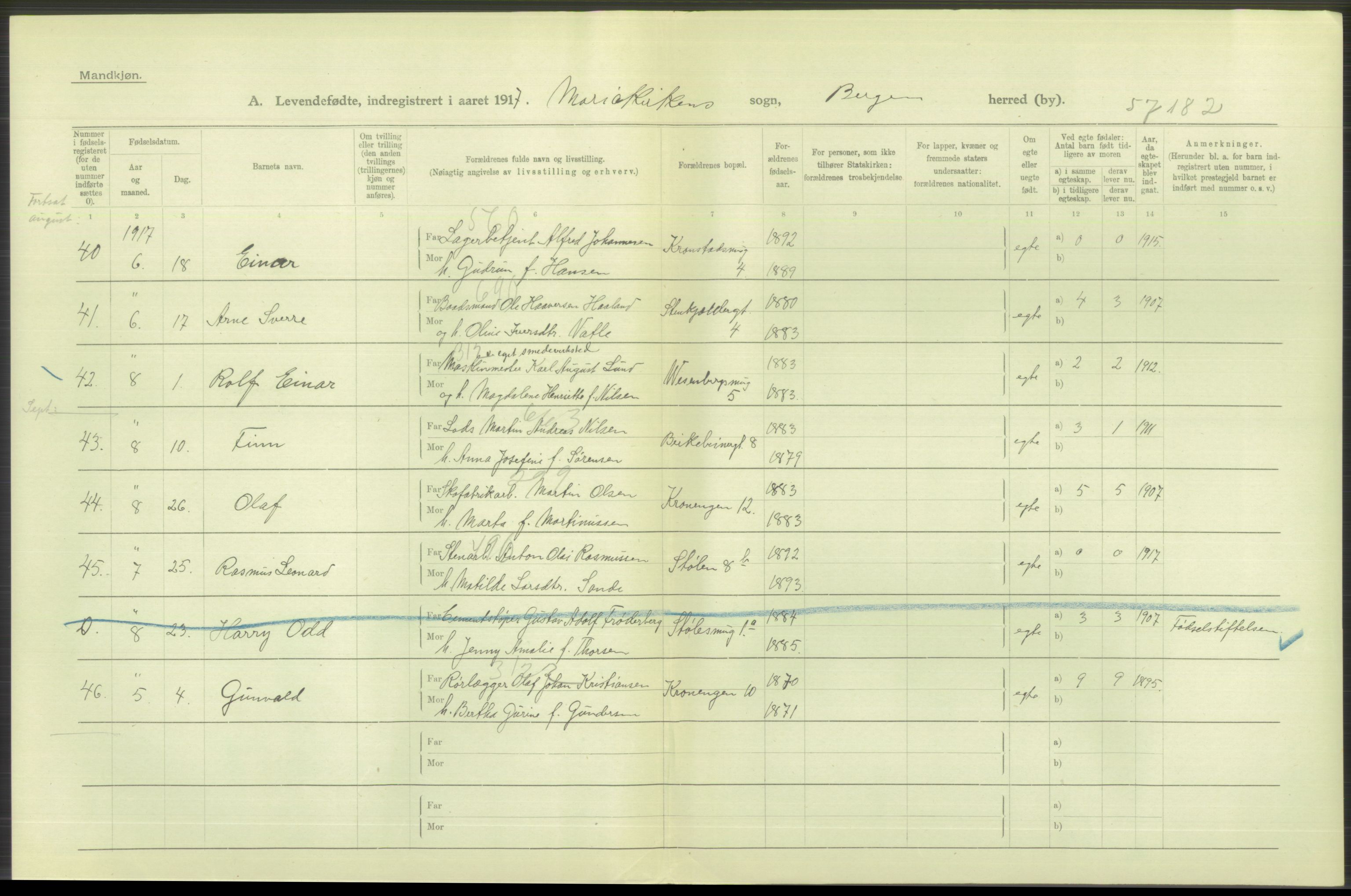 Statistisk sentralbyrå, Sosiodemografiske emner, Befolkning, AV/RA-S-2228/D/Df/Dfb/Dfbg/L0037: Bergen: Levendefødte menn og kvinner., 1917, p. 396