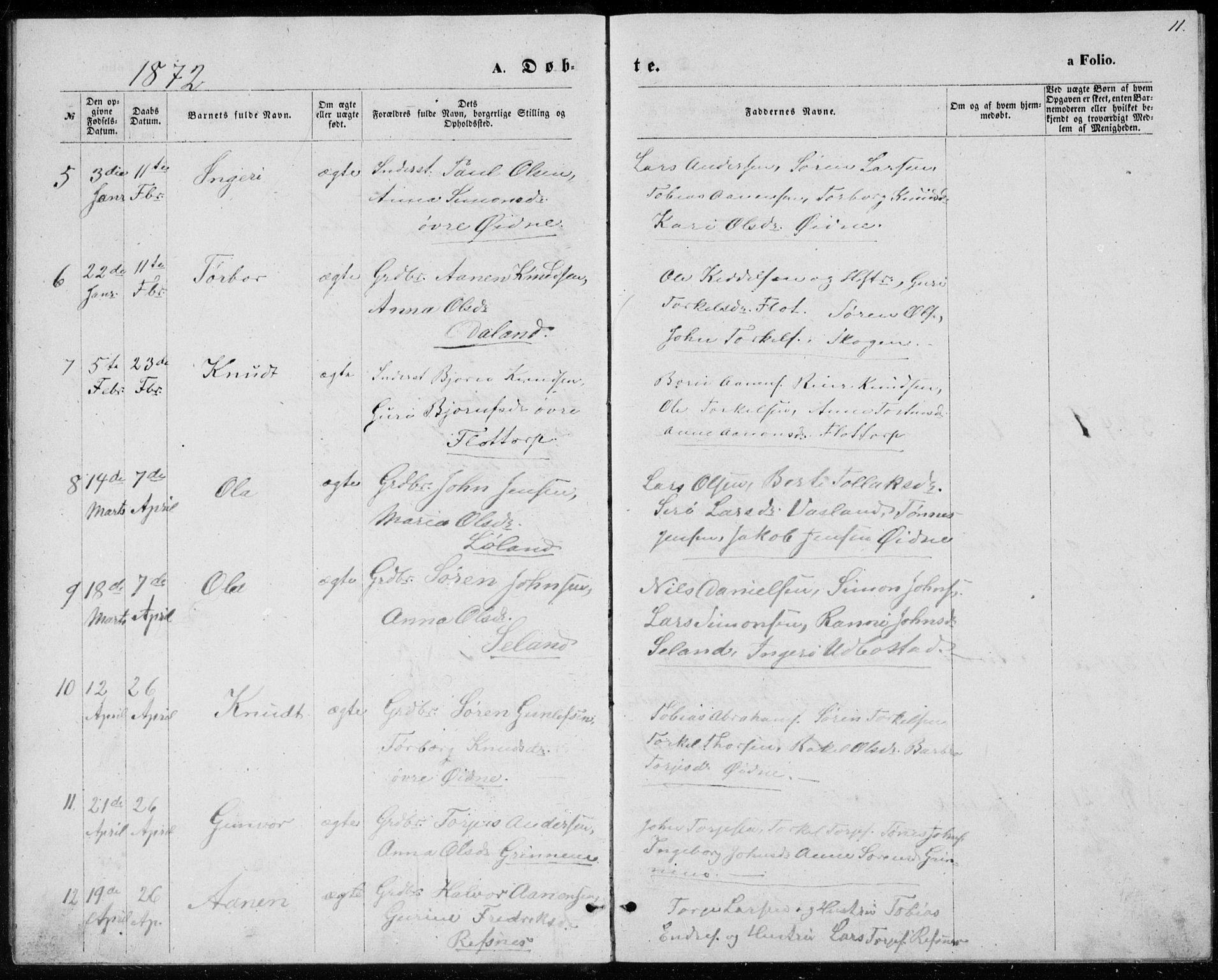 Bjelland sokneprestkontor, AV/SAK-1111-0005/F/Fb/Fbc/L0002: Parish register (copy) no. B 2, 1867-1887, p. 11