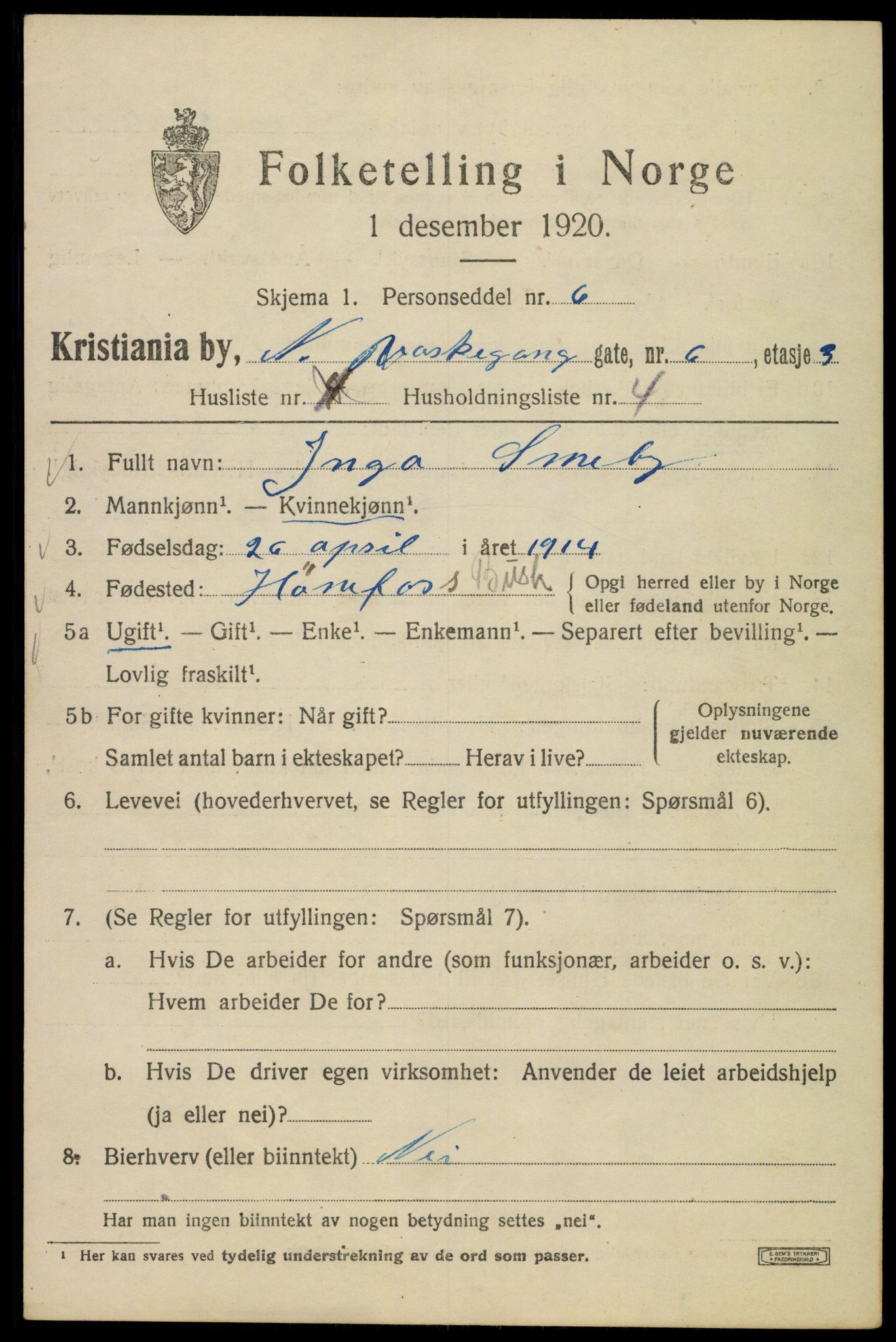 SAO, 1920 census for Kristiania, 1920, p. 410633