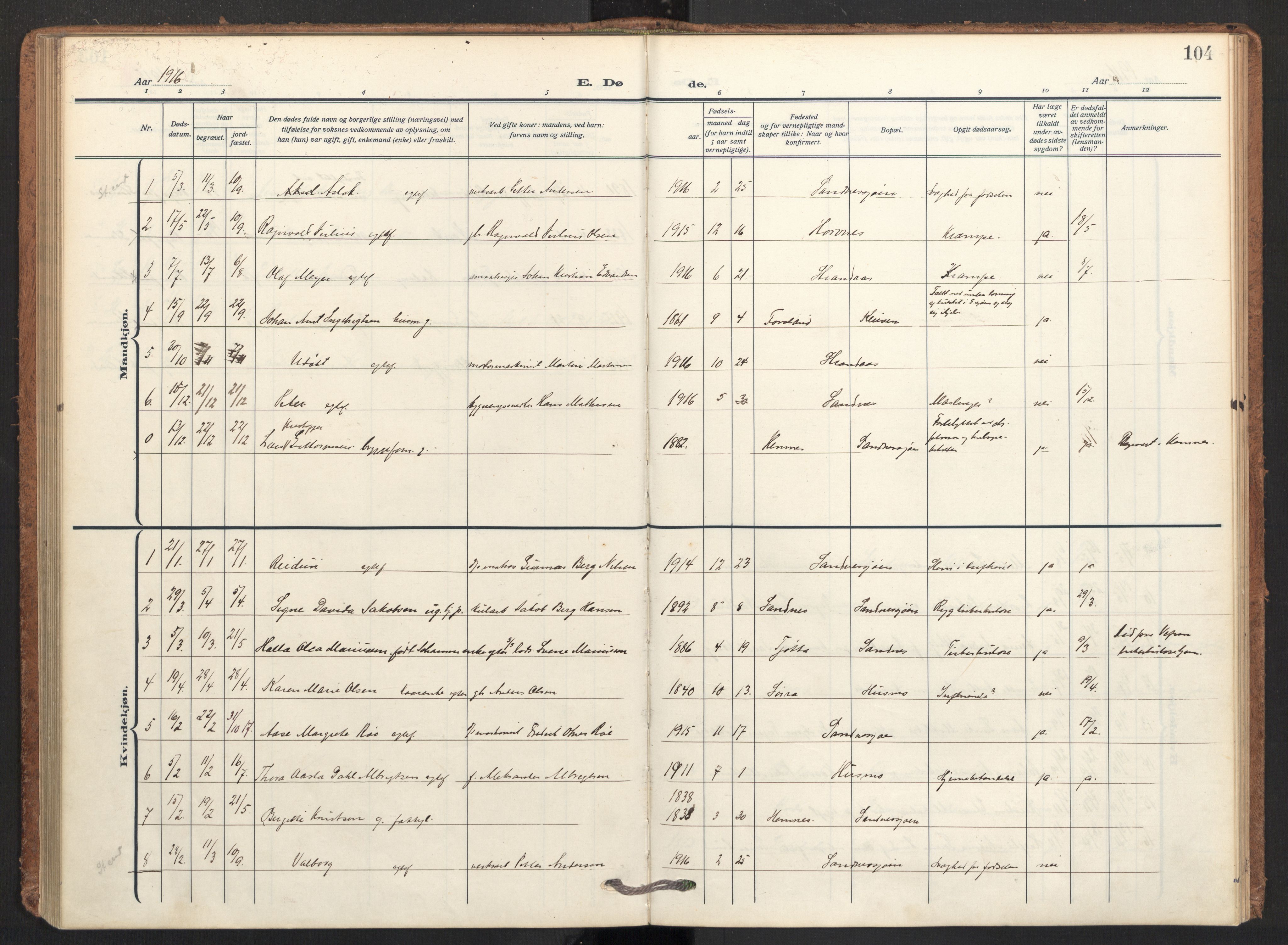 Ministerialprotokoller, klokkerbøker og fødselsregistre - Nordland, AV/SAT-A-1459/831/L0473: Parish register (official) no. 831A04, 1909-1934, p. 104