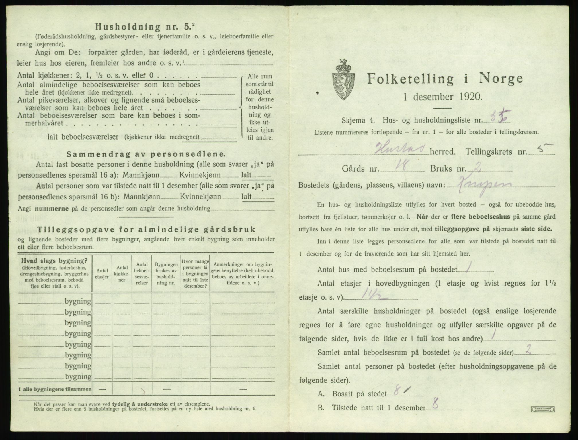 SAT, 1920 census for Hustad, 1920, p. 601