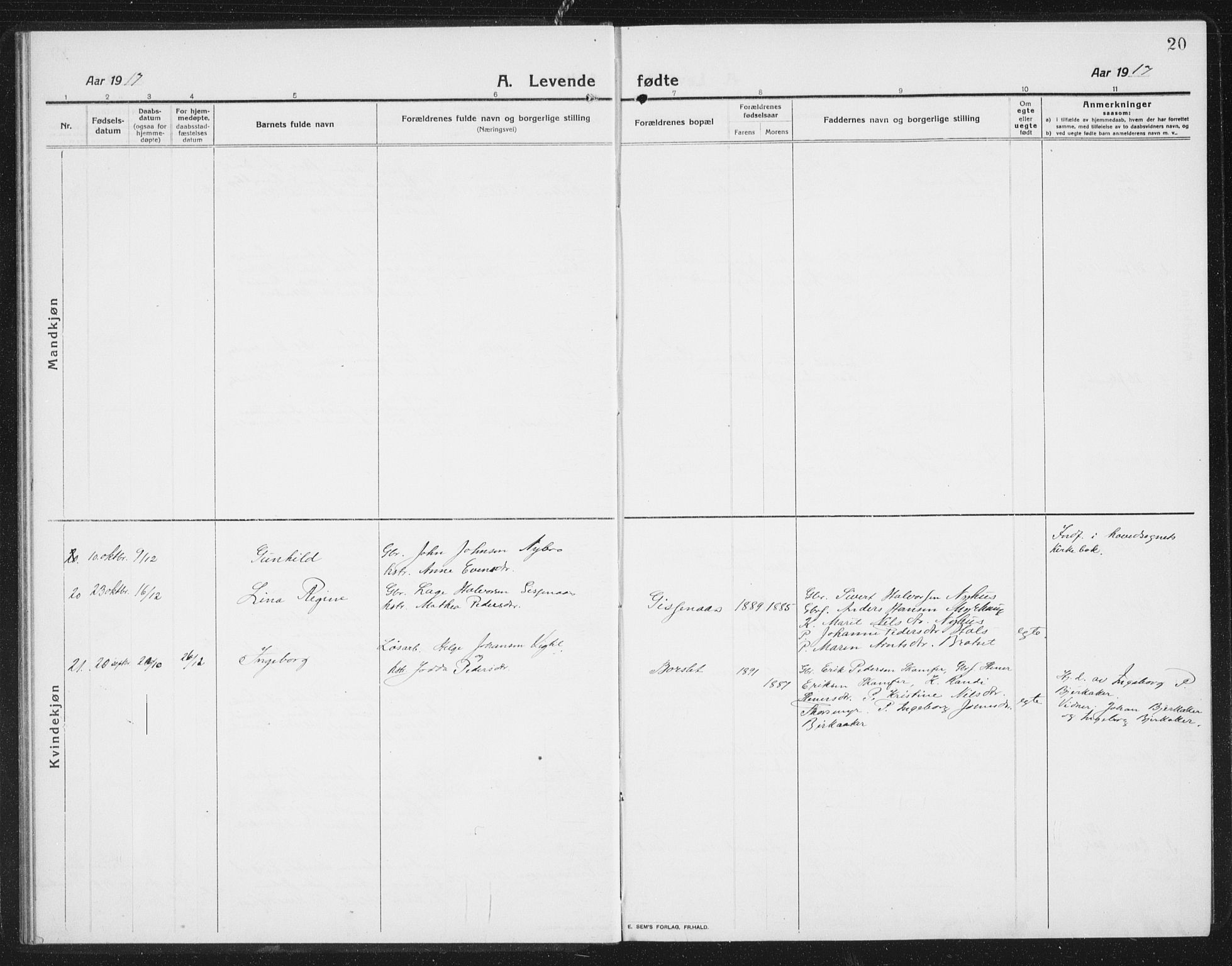 Ministerialprotokoller, klokkerbøker og fødselsregistre - Sør-Trøndelag, SAT/A-1456/675/L0888: Parish register (copy) no. 675C01, 1913-1935, p. 20