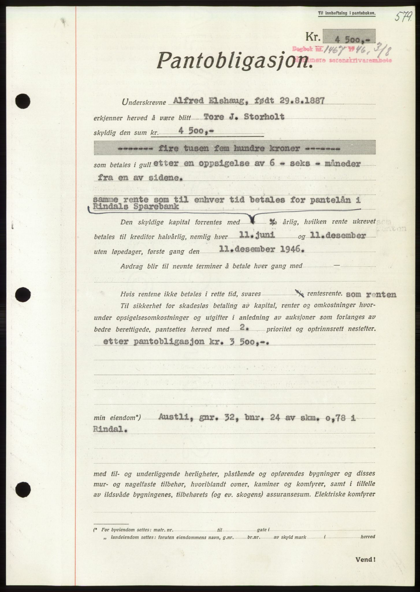 Nordmøre sorenskriveri, AV/SAT-A-4132/1/2/2Ca: Mortgage book no. B94, 1946-1946, Diary no: : 1467/1946