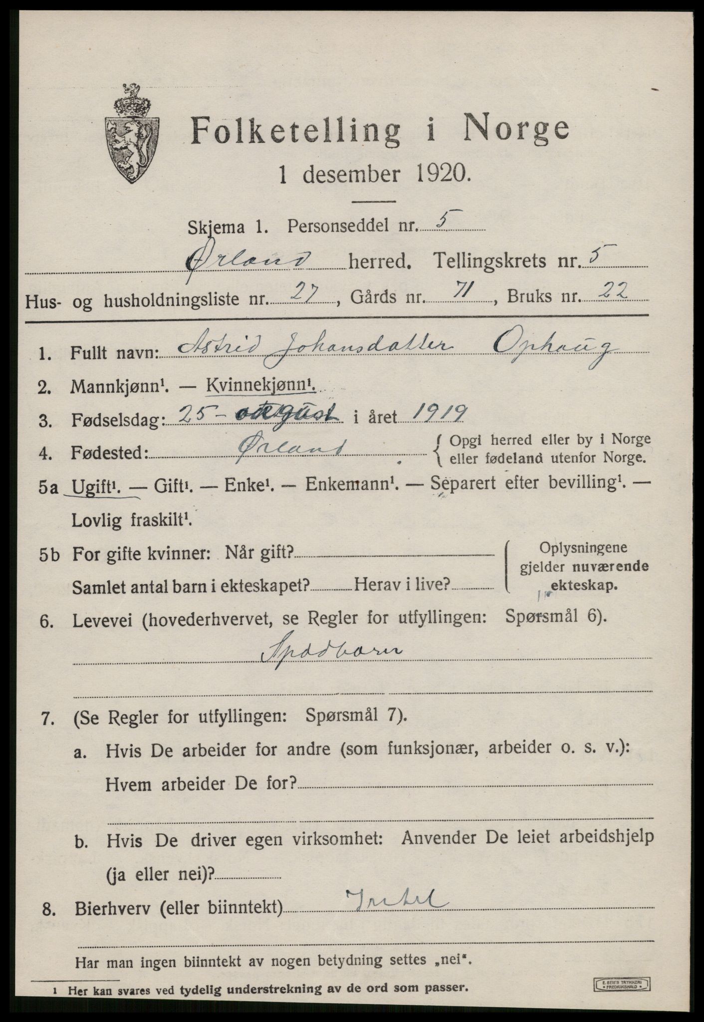 SAT, 1920 census for Ørland, 1920, p. 4777