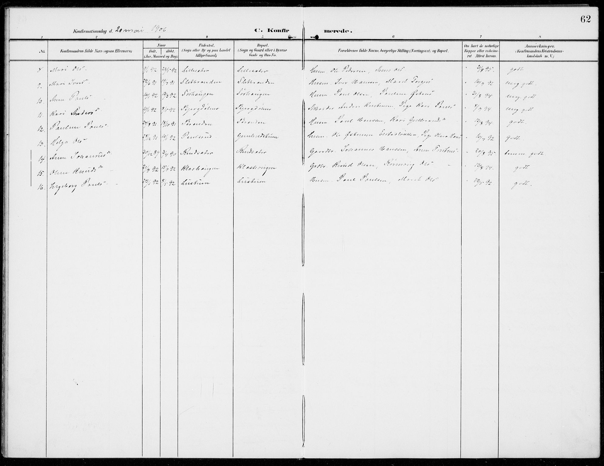 Sel prestekontor, AV/SAH-PREST-074/H/Ha/Haa/L0001: Parish register (official) no. 1, 1905-1922, p. 62