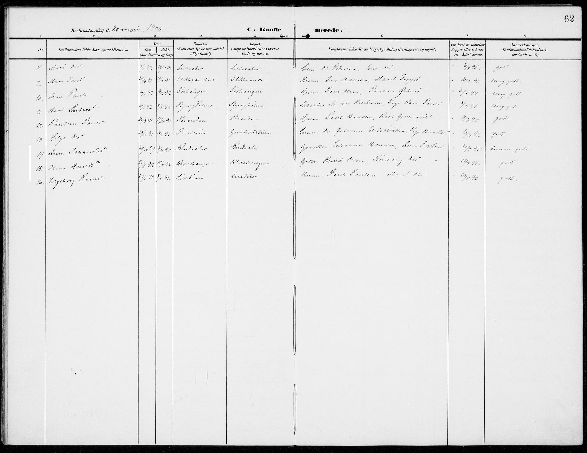 Sel prestekontor, SAH/PREST-074/H/Ha/Haa/L0001: Parish register (official) no. 1, 1905-1922, p. 62