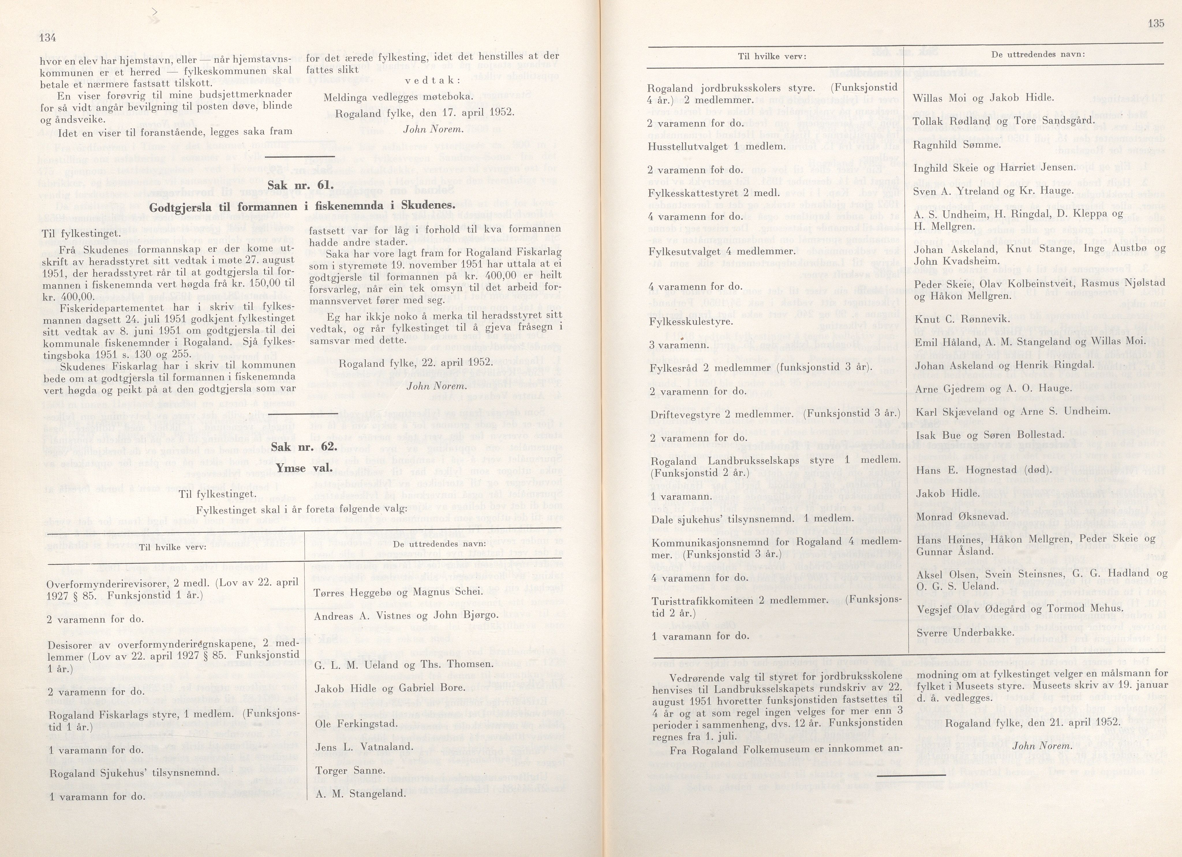 Rogaland fylkeskommune - Fylkesrådmannen , IKAR/A-900/A/Aa/Aaa/L0071: Møtebok , 1952, p. 134-135