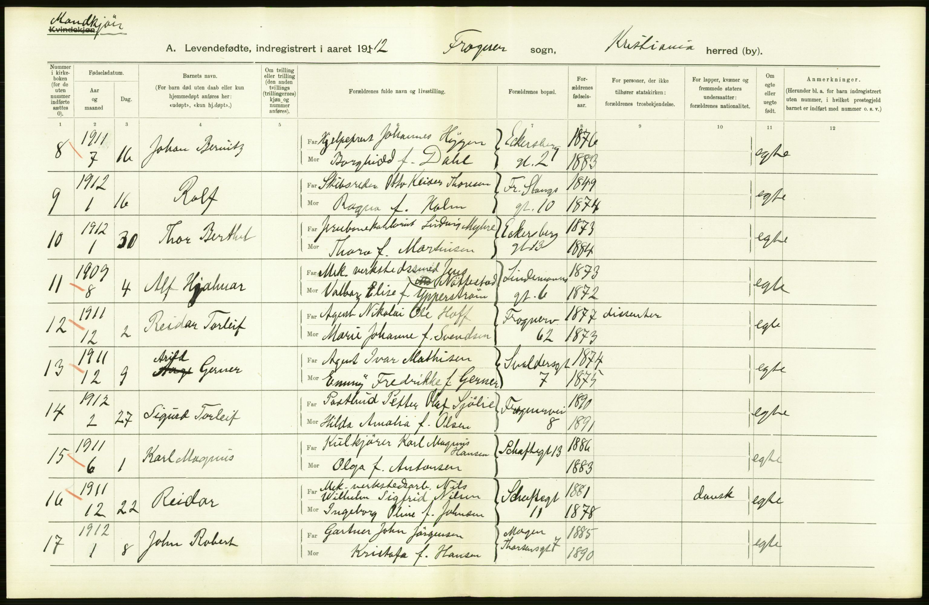 Statistisk sentralbyrå, Sosiodemografiske emner, Befolkning, RA/S-2228/D/Df/Dfb/Dfbb/L0007: Kristiania:  Levendefødte menn og kvinner., 1912, p. 456