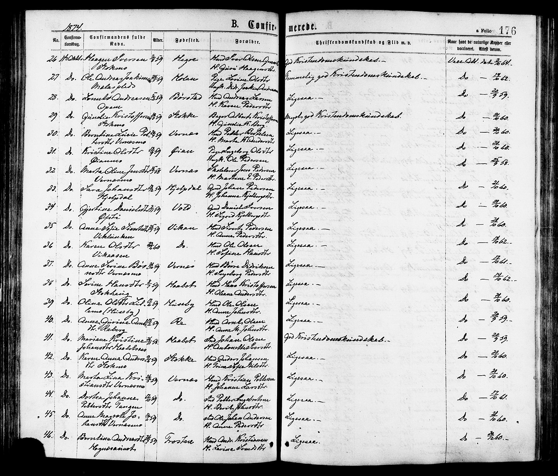 Ministerialprotokoller, klokkerbøker og fødselsregistre - Nord-Trøndelag, AV/SAT-A-1458/709/L0076: Parish register (official) no. 709A16, 1871-1879, p. 176