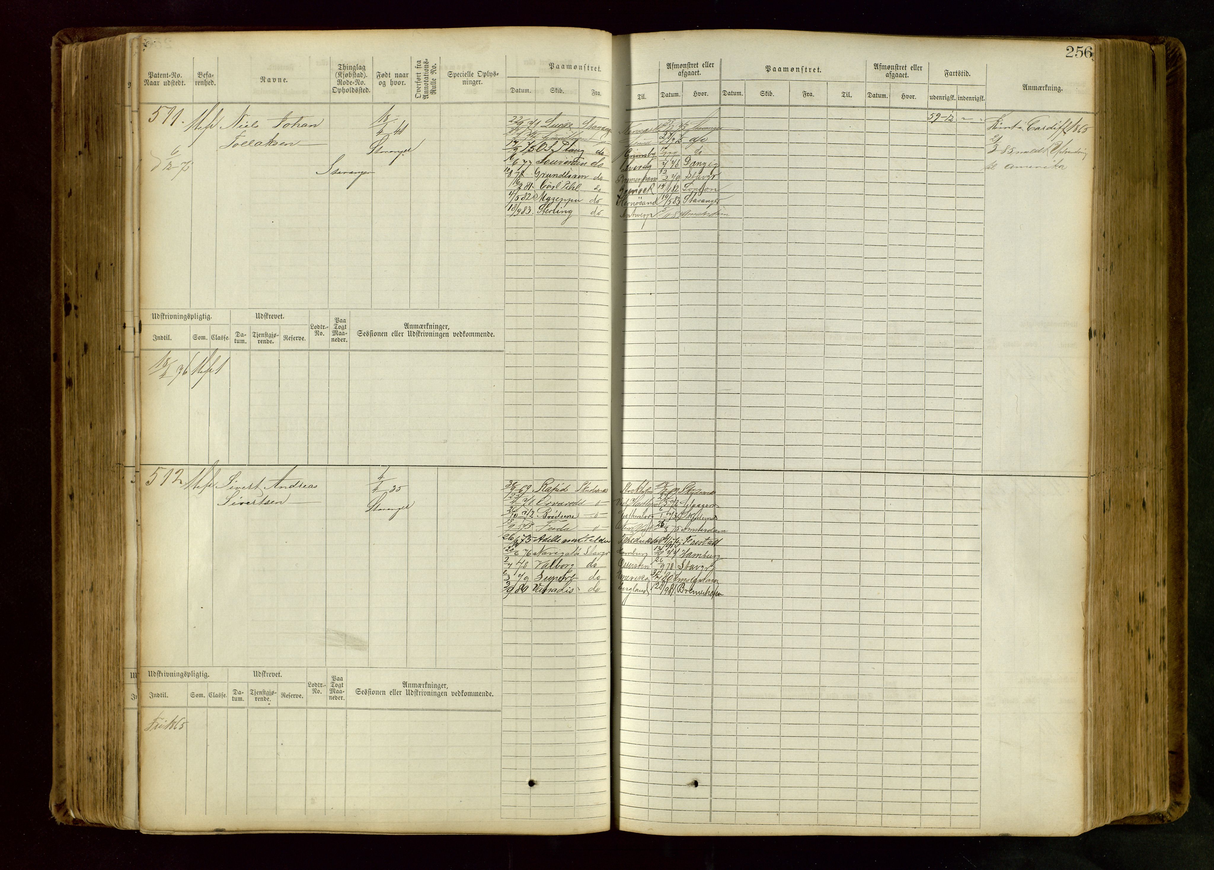 Stavanger sjømannskontor, AV/SAST-A-102006/F/Fb/Fbb/L0016: Sjøfartshovedrulle patnentnr. 1-1202 (dublett), 1869, p. 256
