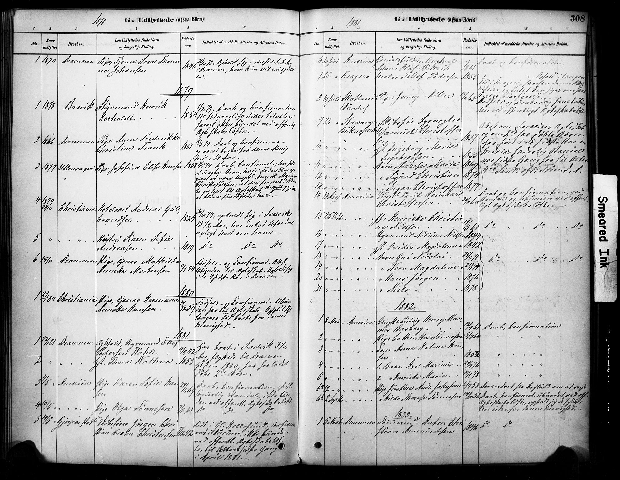 Strømm kirkebøker, AV/SAKO-A-322/F/Fb/L0001: Parish register (official) no. II 1, 1878-1899, p. 308