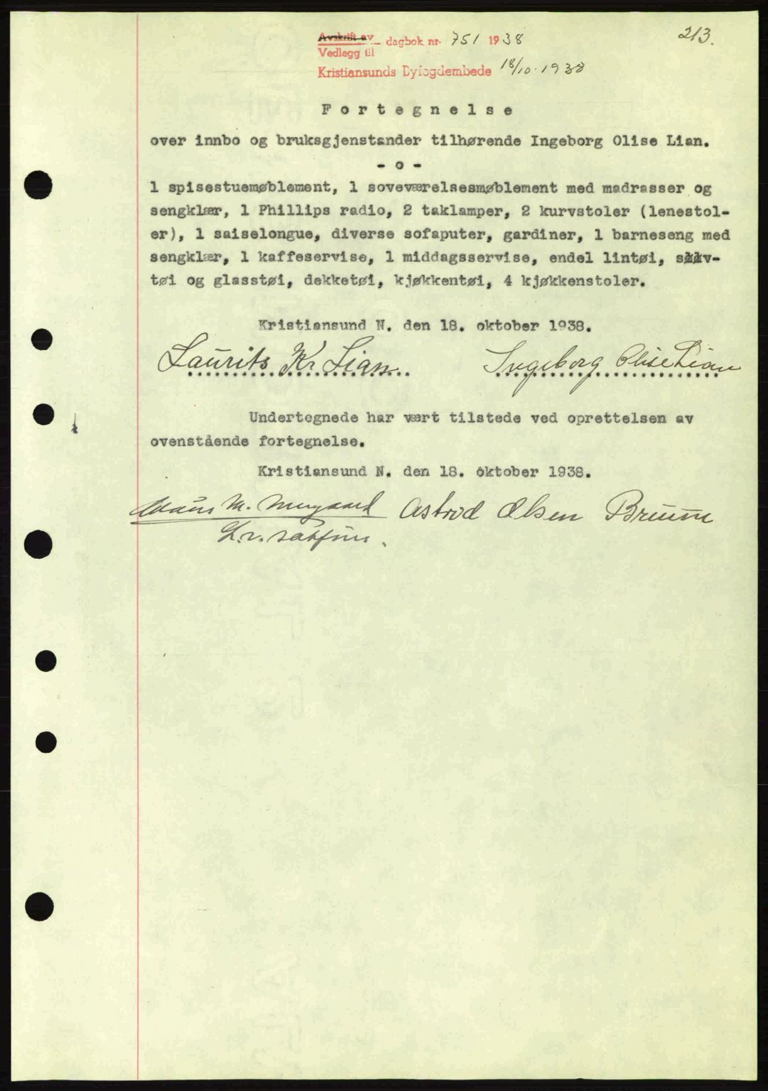 Kristiansund byfogd, SAT/A-4587/A/27: Mortgage book no. 31, 1938-1939, Diary no: : 751/1938
