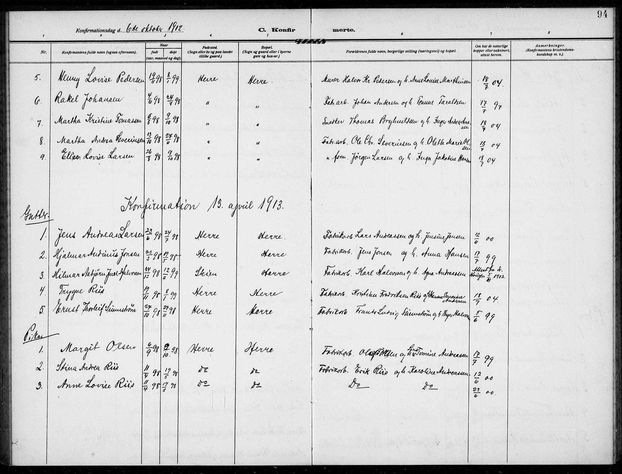 Bamble kirkebøker, AV/SAKO-A-253/F/Fc/L0001: Parish register (official) no. III 1, 1909-1916, p. 94