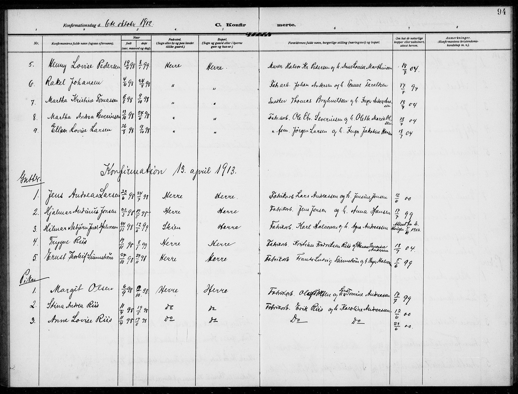 Bamble kirkebøker, SAKO/A-253/F/Fc/L0001: Parish register (official) no. III 1, 1909-1916, p. 94