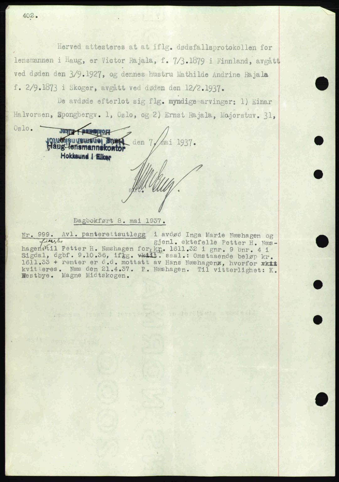 Eiker, Modum og Sigdal sorenskriveri, SAKO/A-123/G/Ga/Gab/L0035: Mortgage book no. A5, 1937-1937, Diary no: : 999/1937