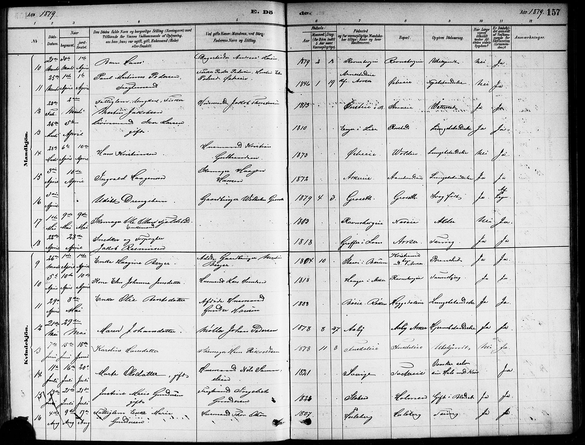 Asker prestekontor Kirkebøker, SAO/A-10256a/F/Fa/L0013: Parish register (official) no. I 13, 1879-1896, p. 157