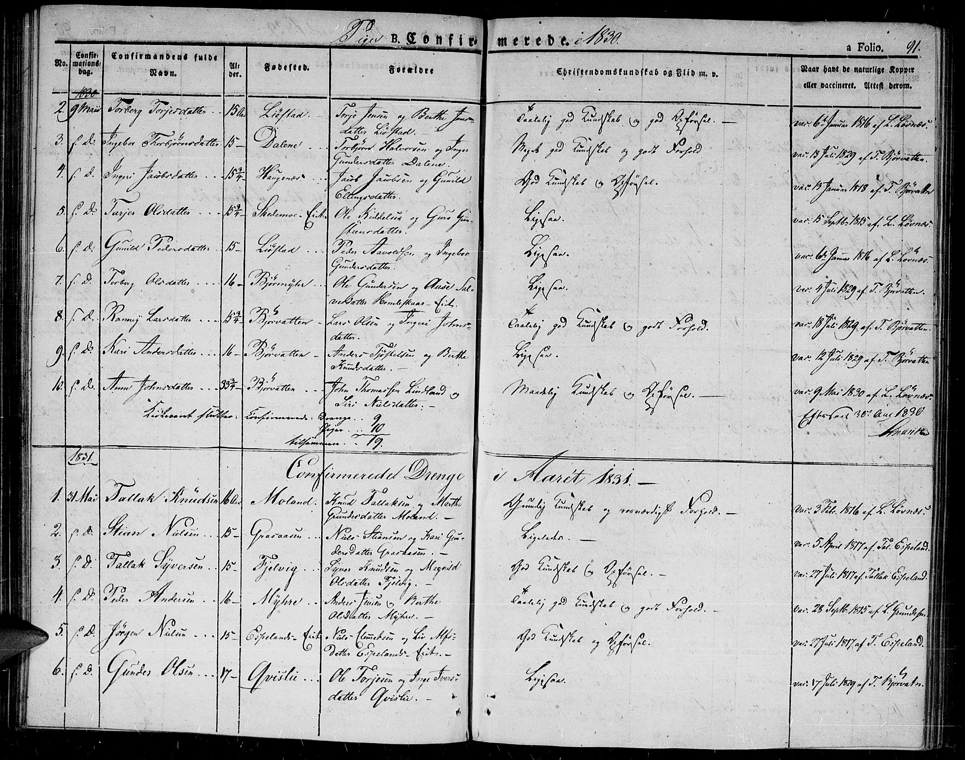 Gjerstad sokneprestkontor, AV/SAK-1111-0014/F/Fa/Fab/L0001: Parish register (official) no. A 1, 1820-1835, p. 91