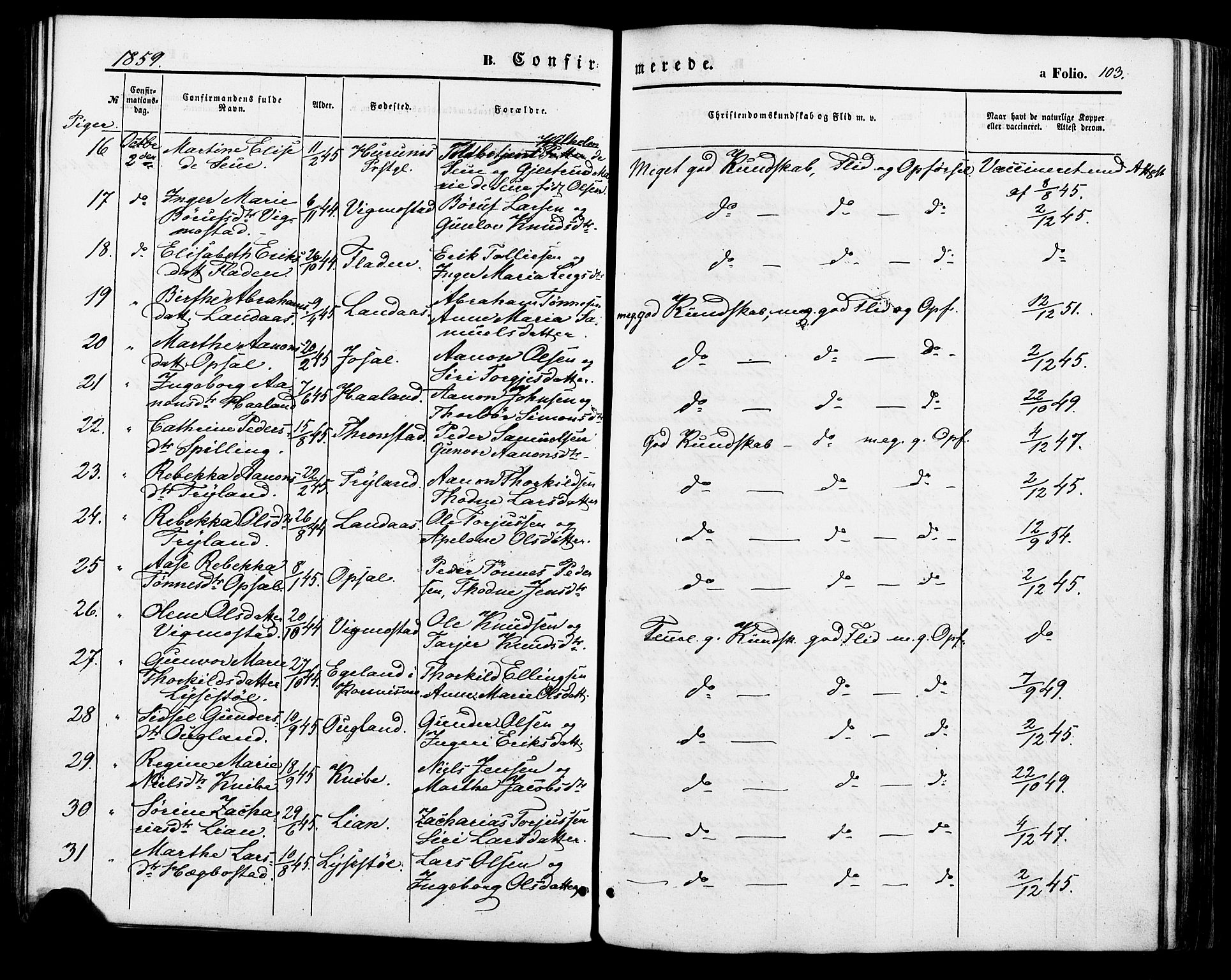 Nord-Audnedal sokneprestkontor, SAK/1111-0032/F/Fa/Fab/L0002: Parish register (official) no. A 2, 1859-1882, p. 103