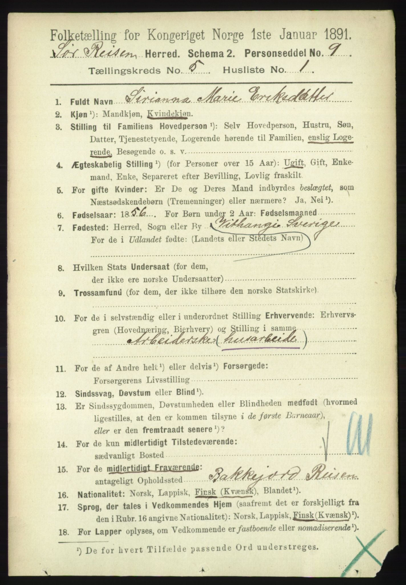 RA, 1891 census for 1925 Sørreisa, 1891, p. 1580