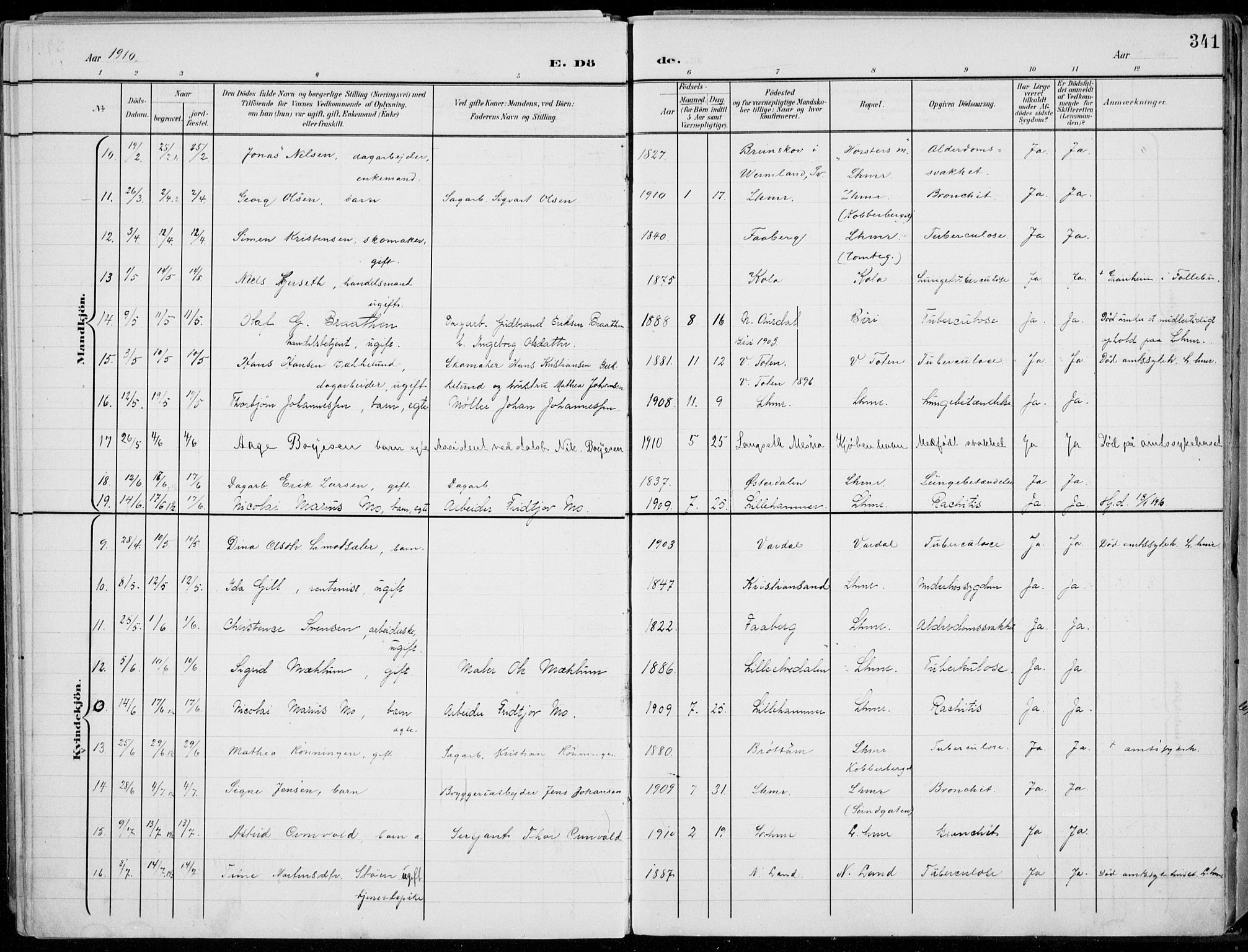 Lillehammer prestekontor, SAH/PREST-088/H/Ha/Haa/L0001: Parish register (official) no. 1, 1901-1916, p. 341