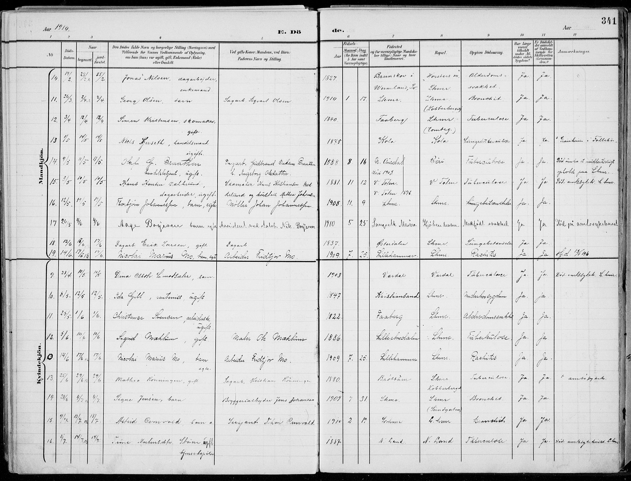 Lillehammer prestekontor, AV/SAH-PREST-088/H/Ha/Haa/L0001: Parish register (official) no. 1, 1901-1916, p. 341