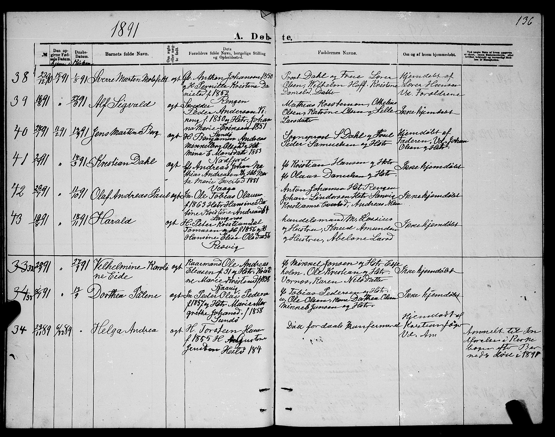 Ministerialprotokoller, klokkerbøker og fødselsregistre - Nordland, SAT/A-1459/841/L0620: Parish register (copy) no. 841C04, 1877-1896, p. 136