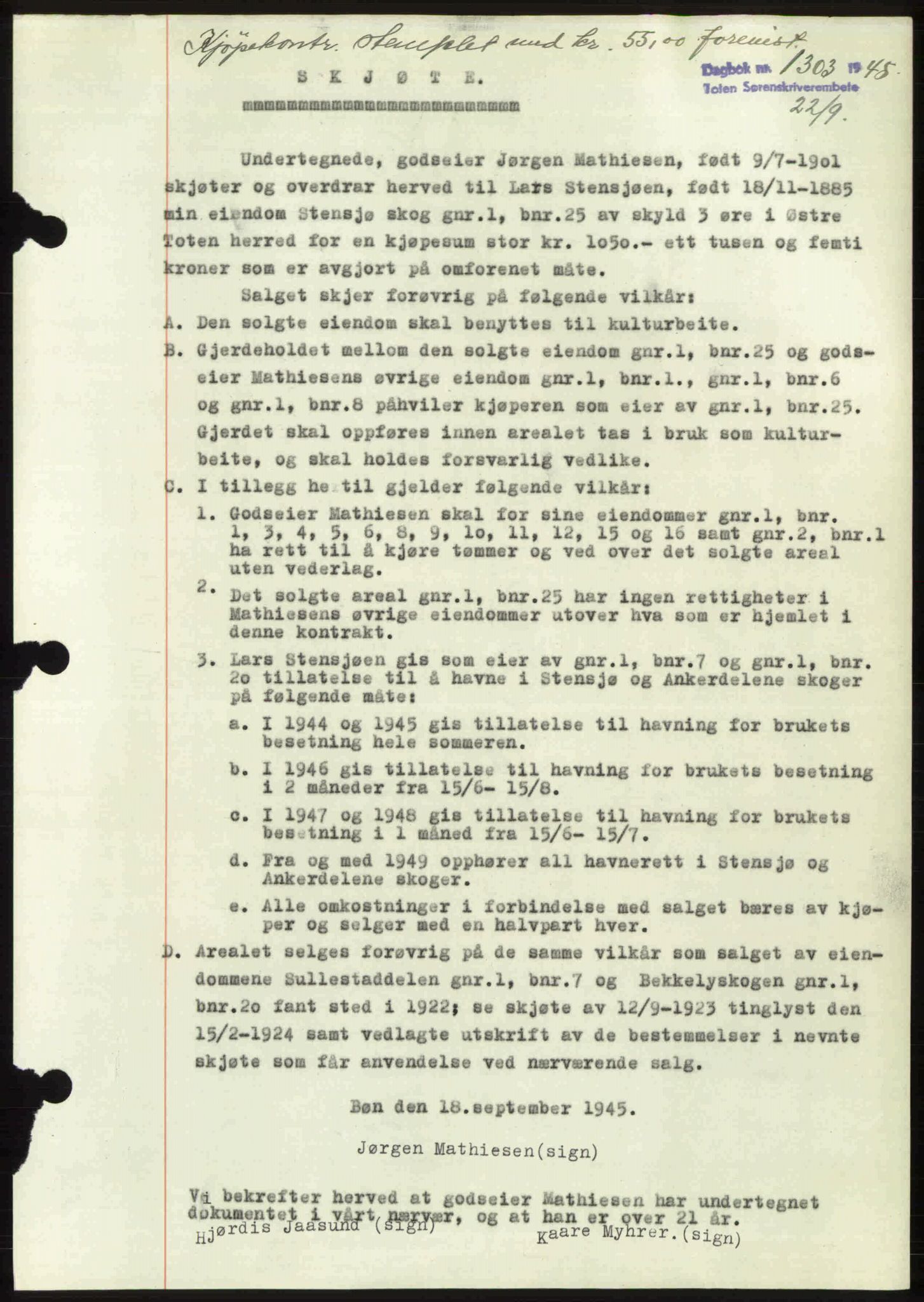 Toten tingrett, SAH/TING-006/H/Hb/Hbc/L0013: Mortgage book no. Hbc-13, 1945-1945, Diary no: : 1303/1945
