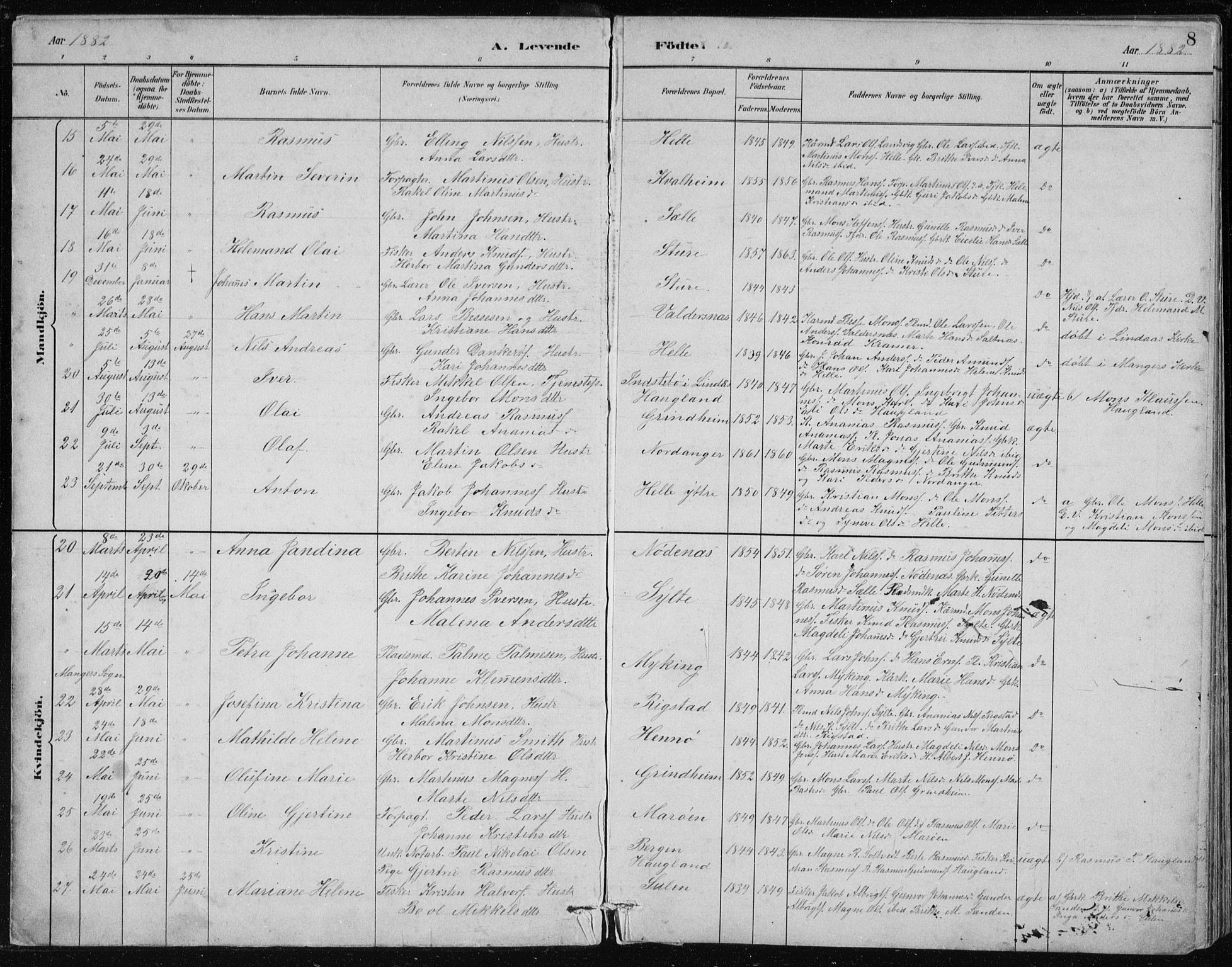 Manger sokneprestembete, SAB/A-76801/H/Hab: Parish register (copy) no. B 2, 1882-1890, p. 8