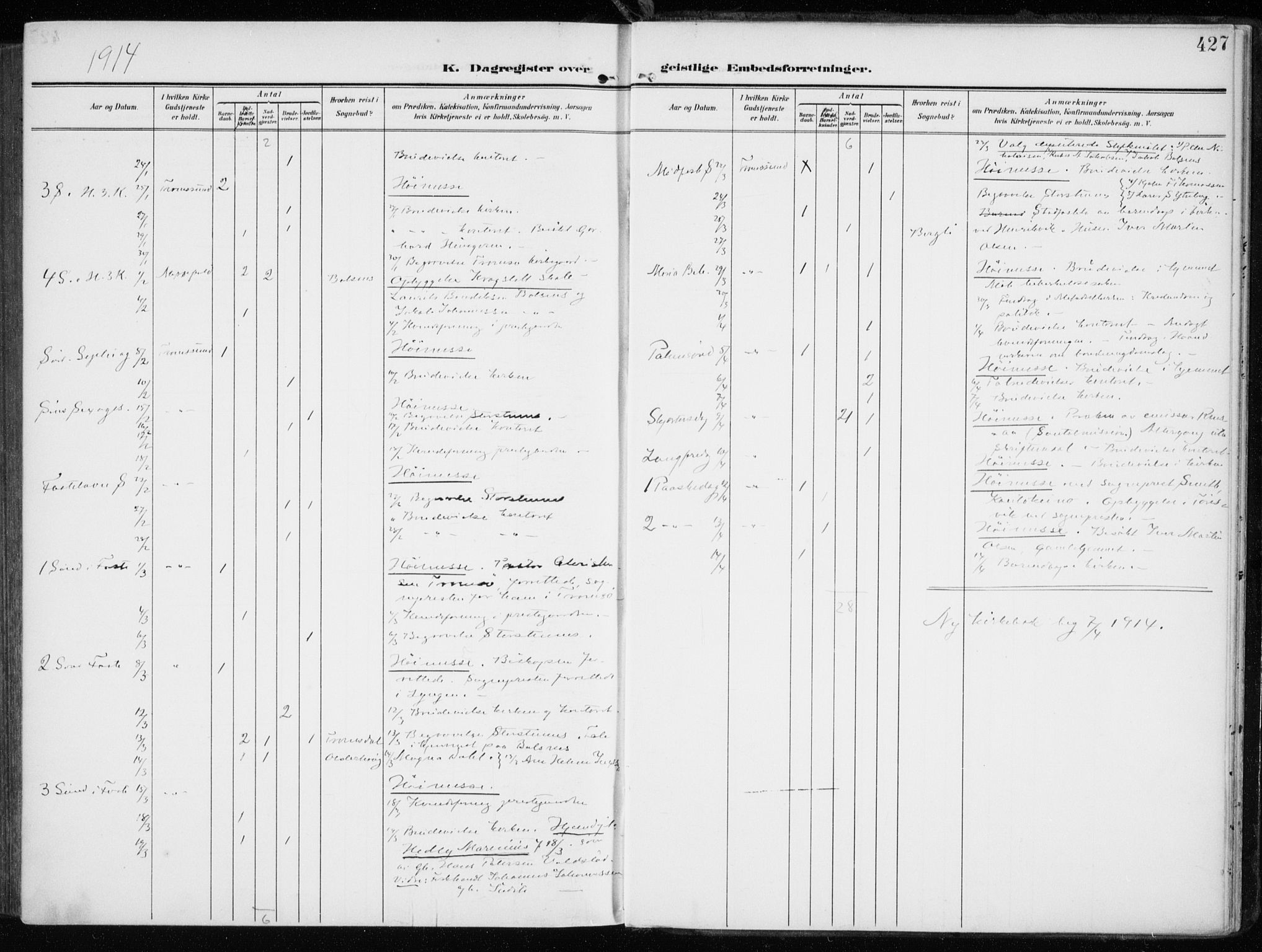 Tromsøysund sokneprestkontor, SATØ/S-1304/G/Ga/L0007kirke: Parish register (official) no. 7, 1907-1914, p. 427