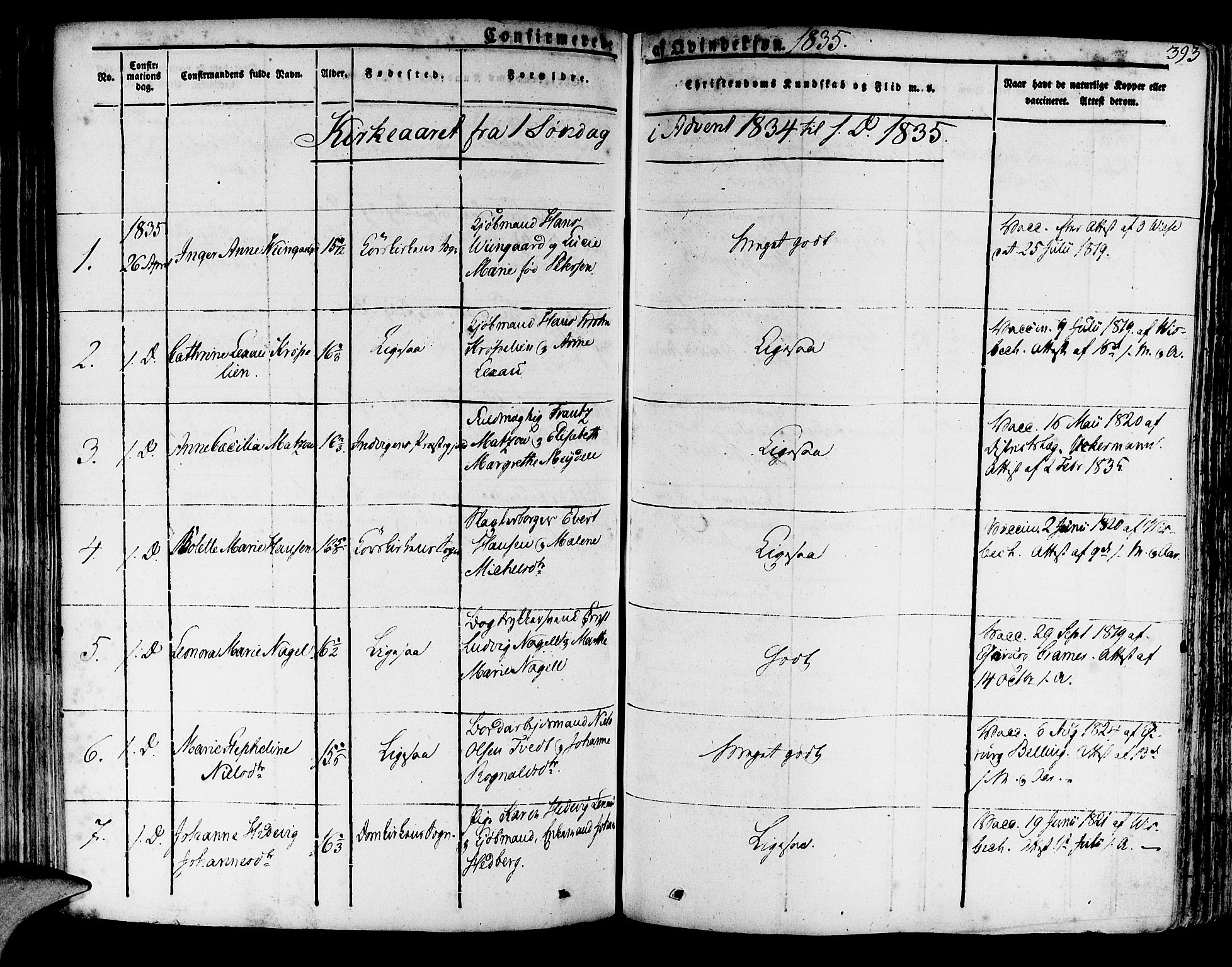 Korskirken sokneprestembete, SAB/A-76101/H/Haa/L0014: Parish register (official) no. A 14, 1823-1835, p. 393