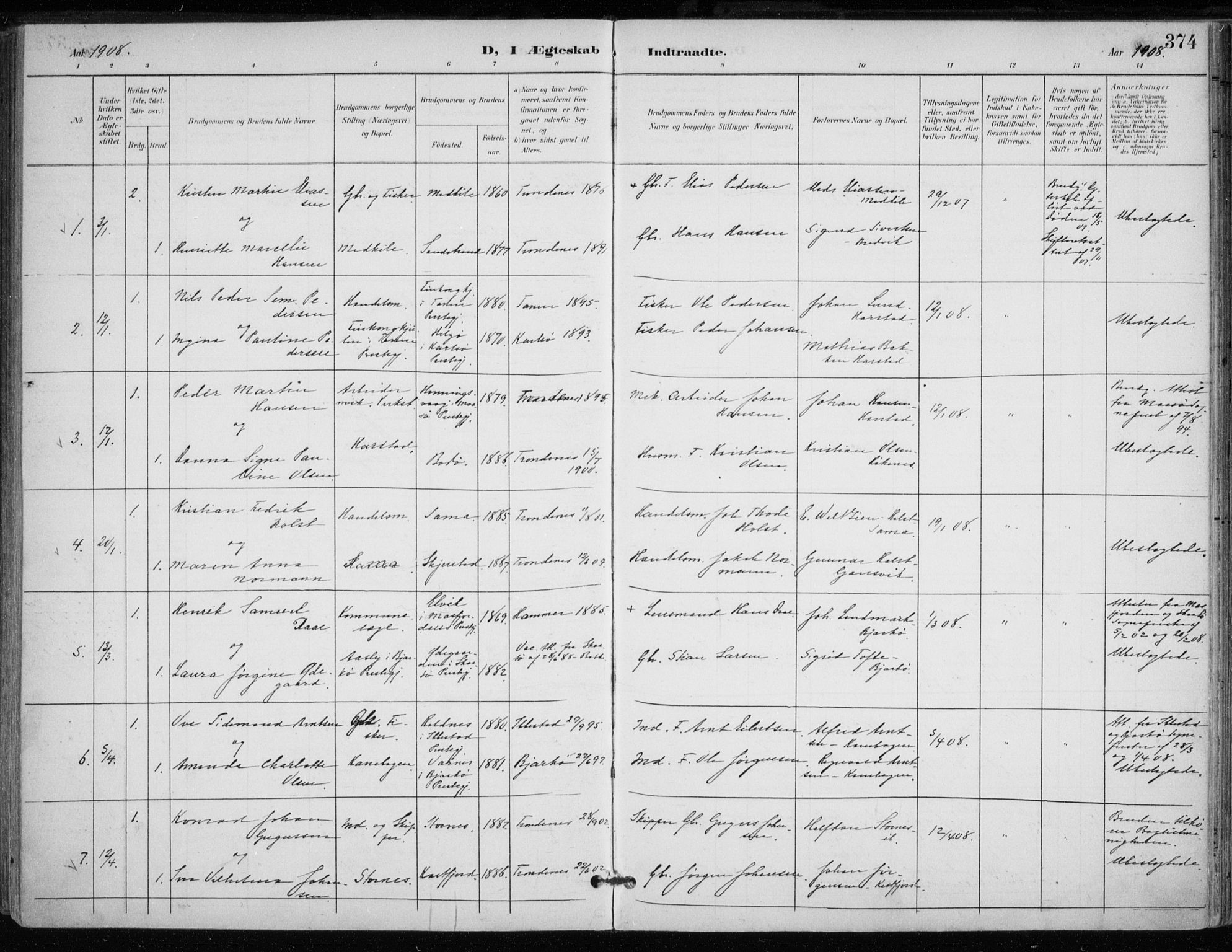 Trondenes sokneprestkontor, SATØ/S-1319/H/Ha/L0017kirke: Parish register (official) no. 17, 1899-1908, p. 374