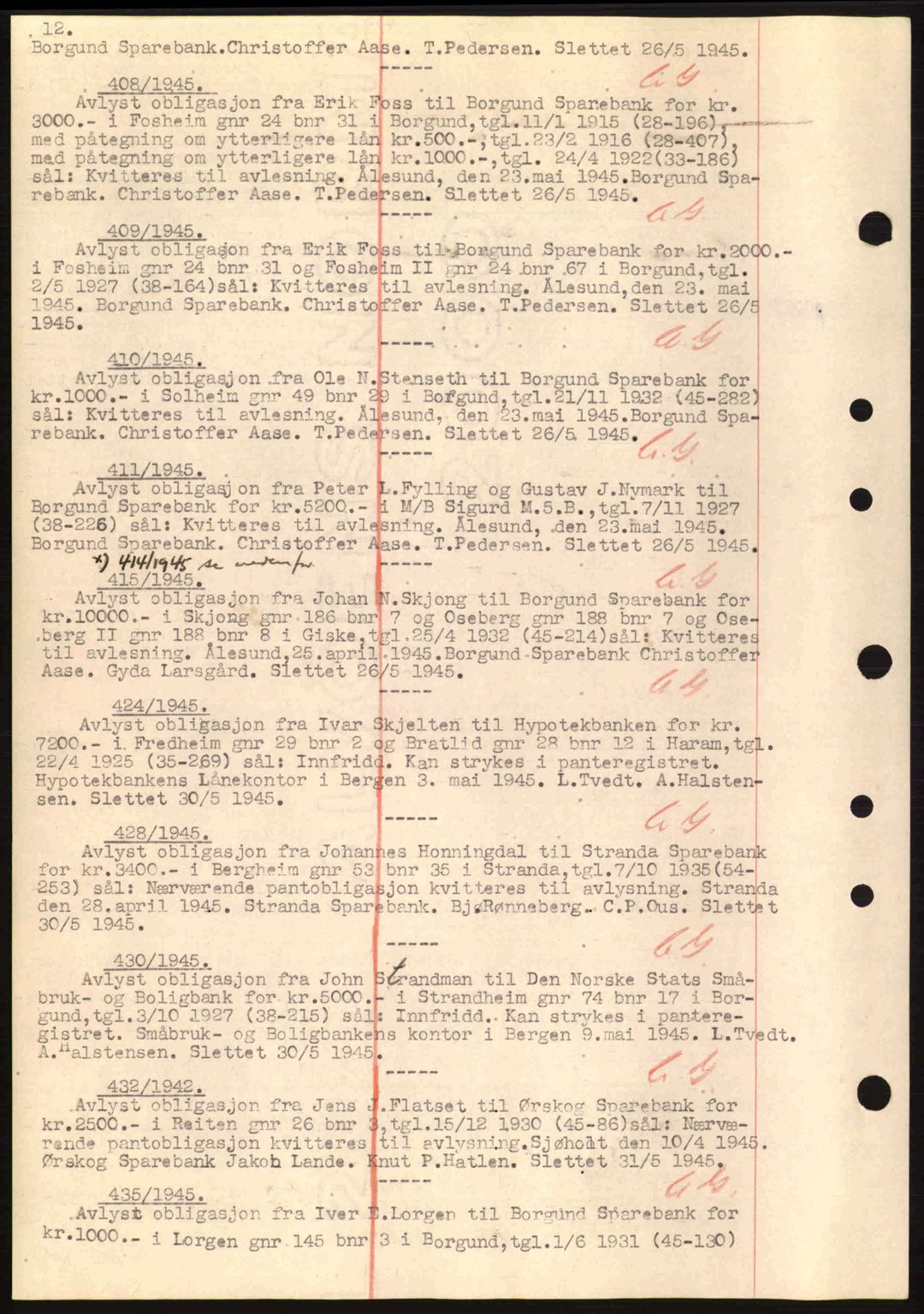 Nordre Sunnmøre sorenskriveri, SAT/A-0006/1/2/2C/2Ca: Mortgage book no. B6-14 a, 1942-1945, Diary no: : 408/1945
