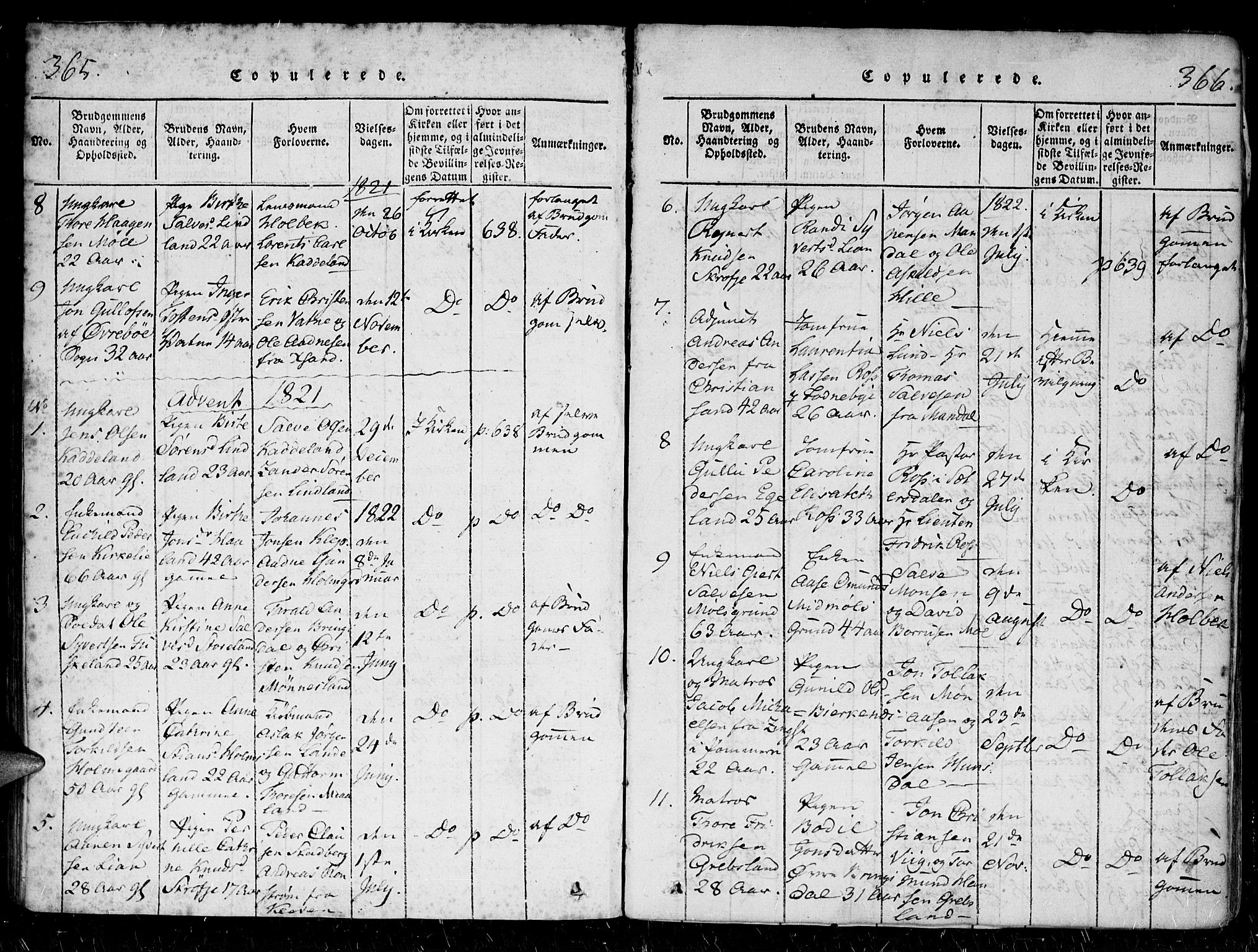 Holum sokneprestkontor, SAK/1111-0022/F/Fa/Faa/L0004: Parish register (official) no. A 4, 1820-1849, p. 365-366