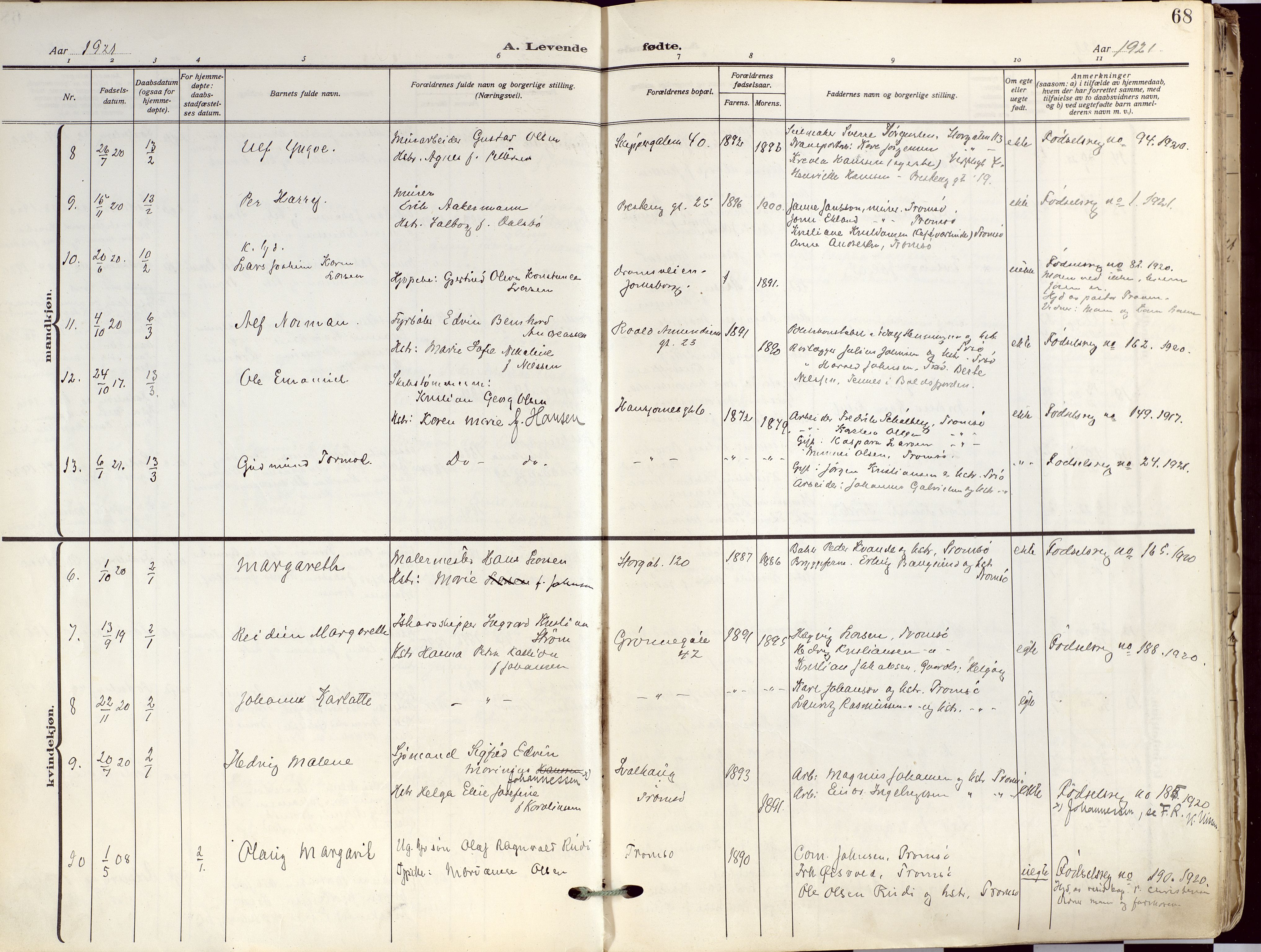 Tromsø sokneprestkontor/stiftsprosti/domprosti, AV/SATØ-S-1343/G/Ga/L0019kirke: Parish register (official) no. 19, 1917-1927, p. 68