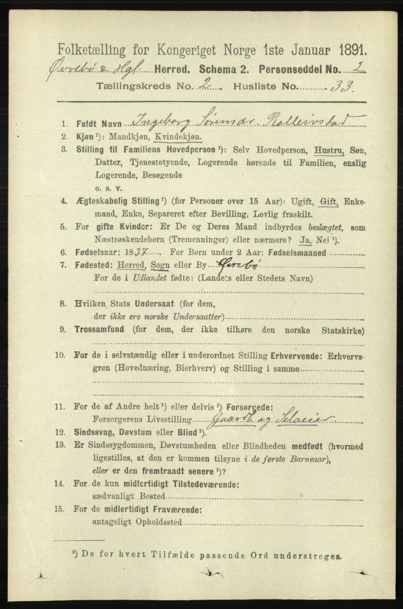 RA, 1891 census for 1016 Øvrebø og Hægeland, 1891, p. 485