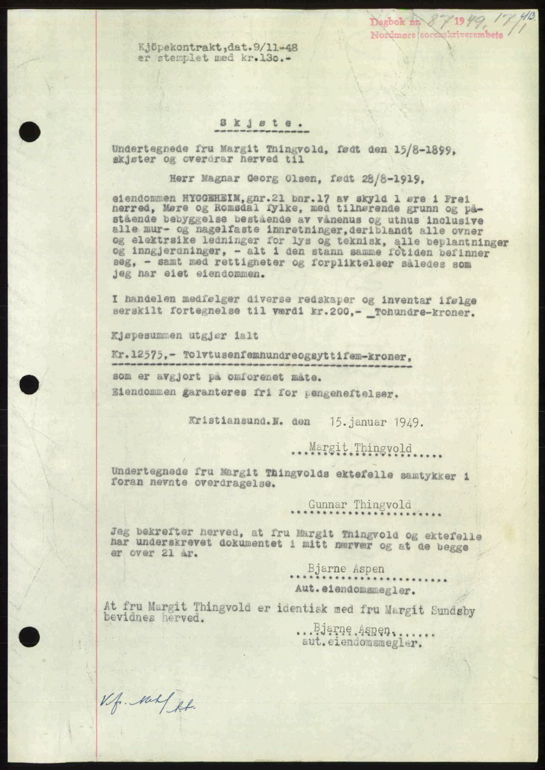 Nordmøre sorenskriveri, AV/SAT-A-4132/1/2/2Ca: Mortgage book no. A110, 1948-1949, Diary no: : 87/1949