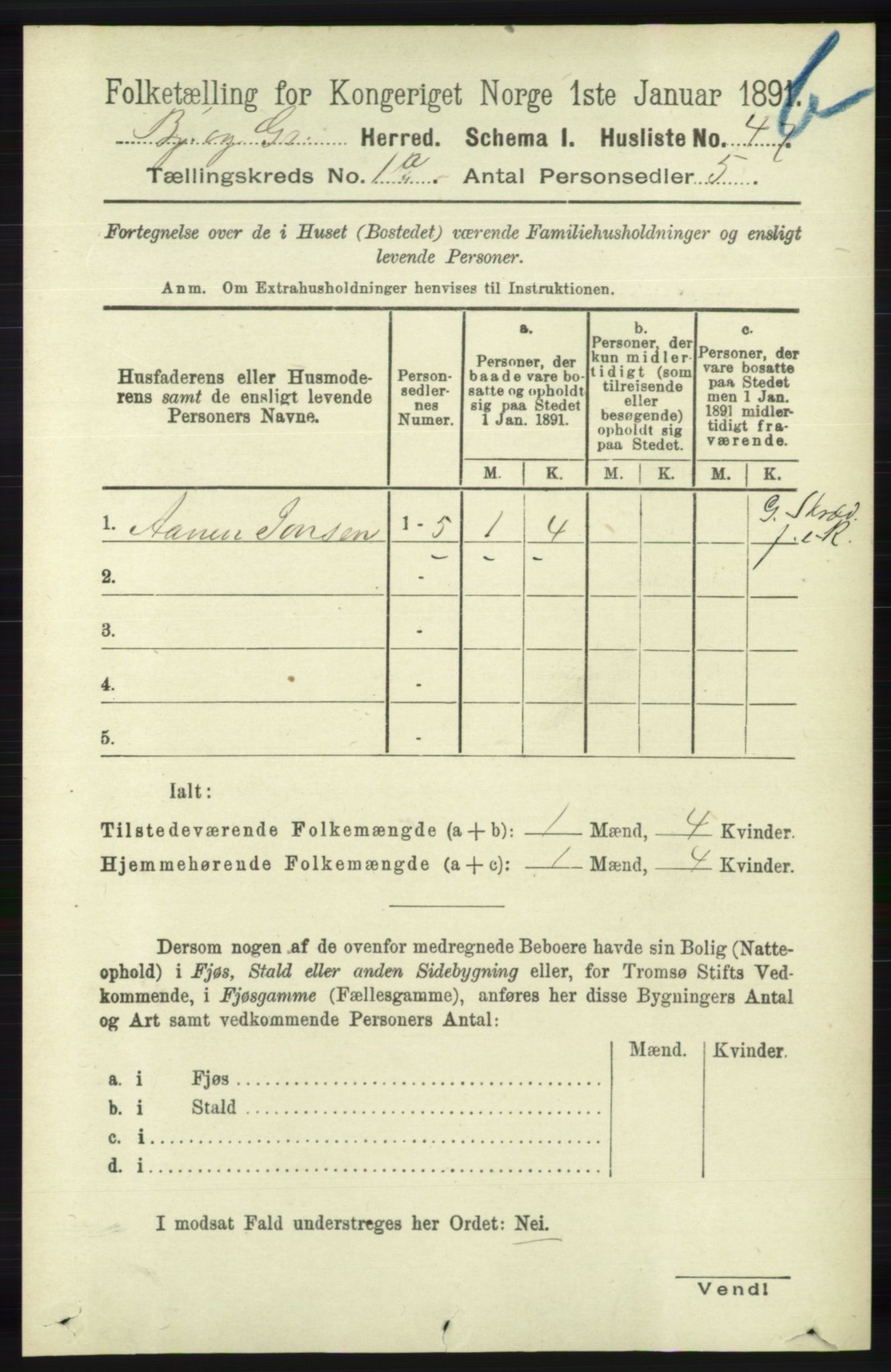 RA, 1891 census for 1024 Bjelland og Grindheim, 1891, p. 761