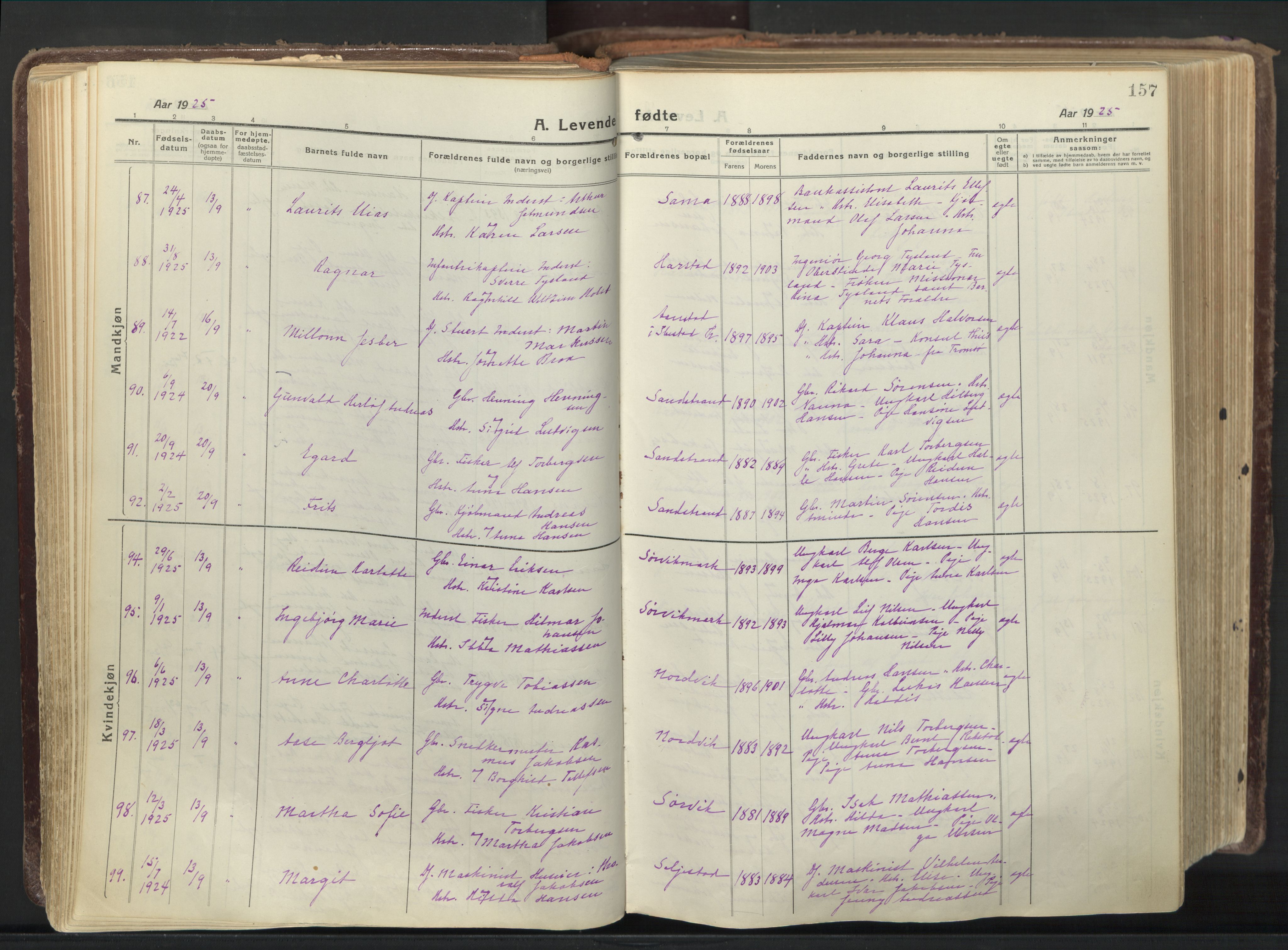 Trondenes sokneprestkontor, SATØ/S-1319/H/Ha/L0019kirke: Parish register (official) no. 19, 1919-1928, p. 157