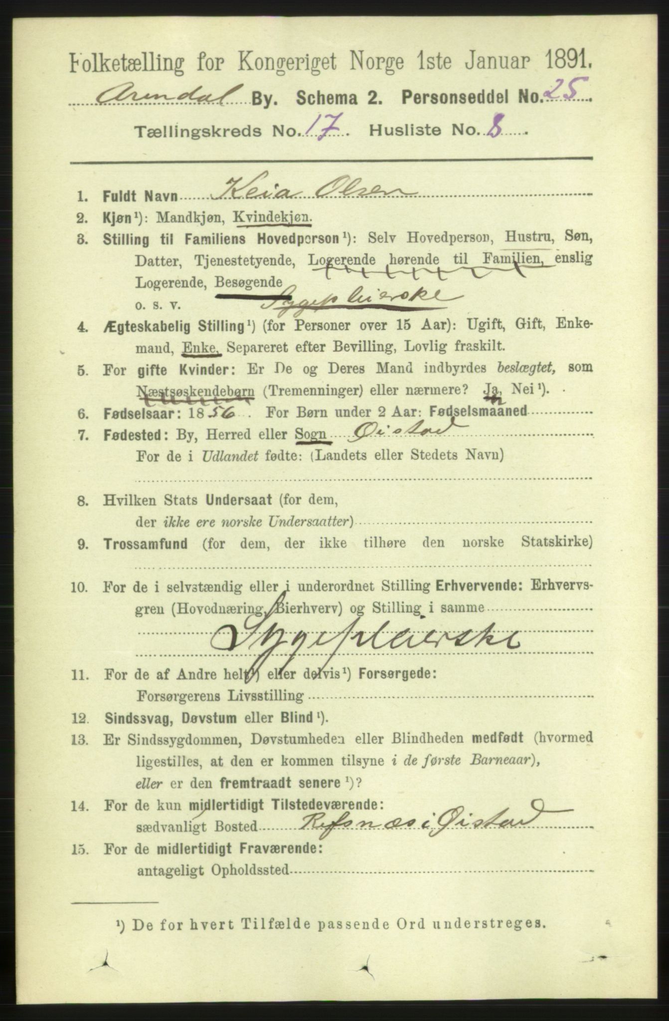 RA, 1891 census for 0903 Arendal, 1891, p. 5713