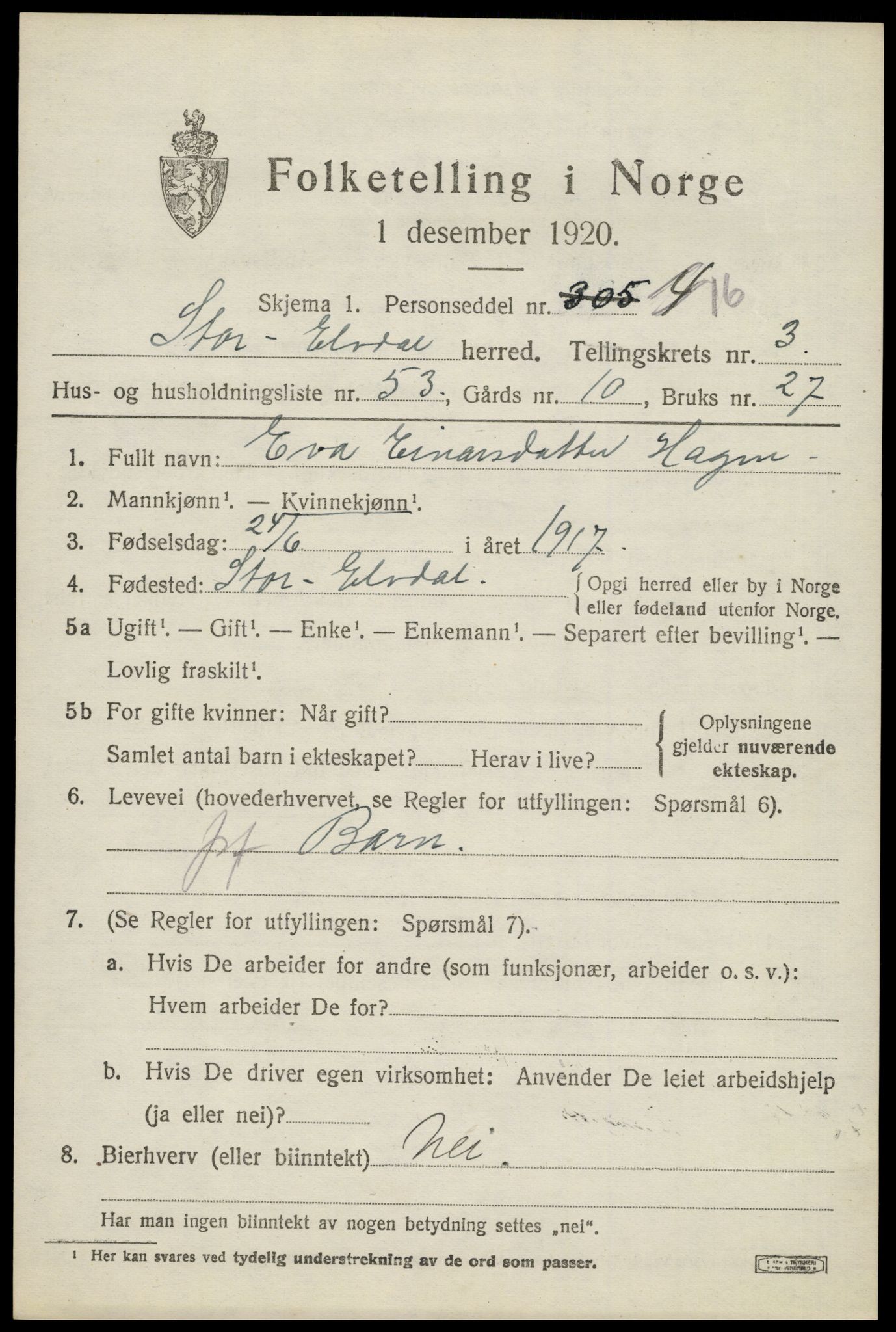 SAH, 1920 census for Stor-Elvdal, 1920, p. 3392